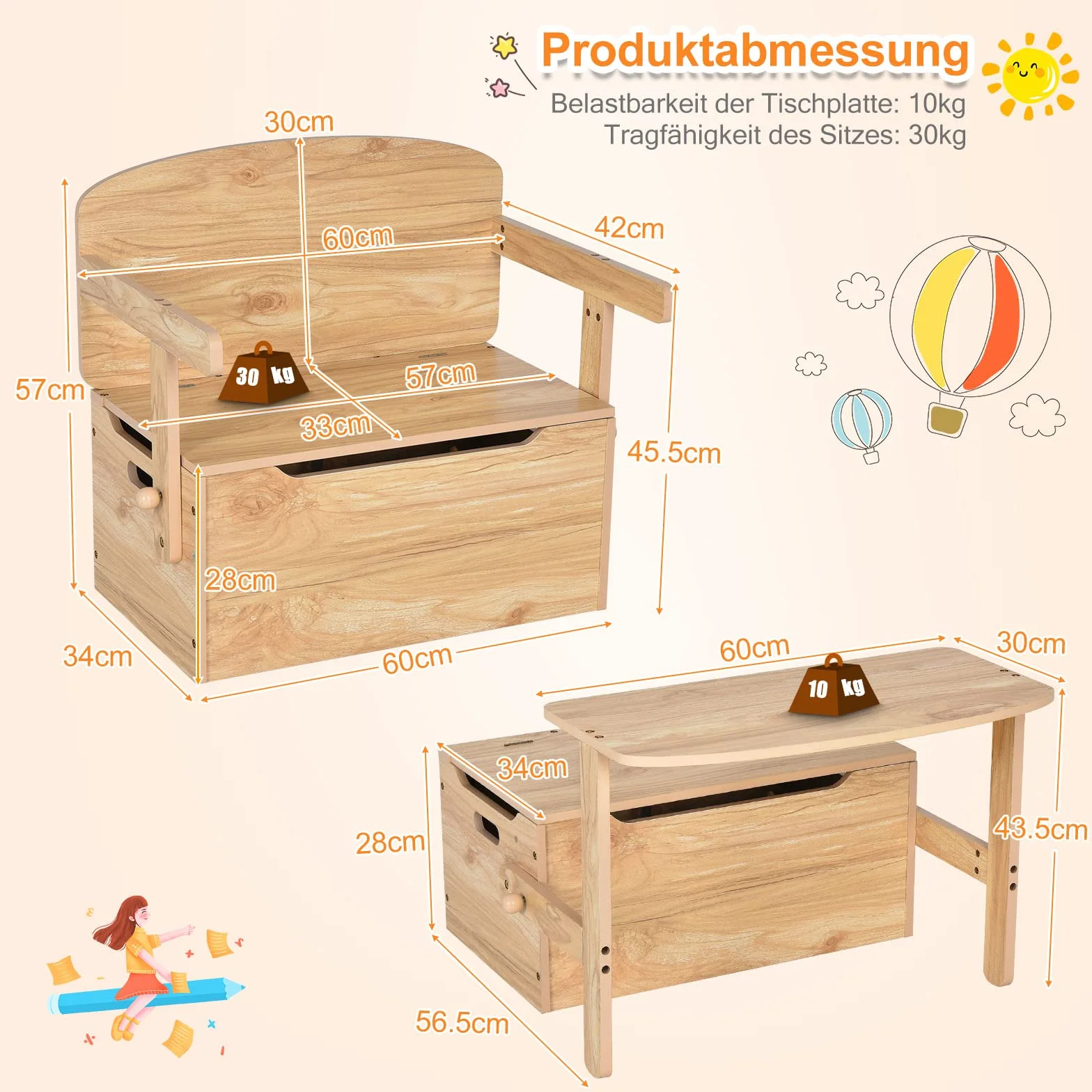 COSTWAY Stół Dziecięcy 3 w 1 z Ławką, Zestaw Mebli z Drewna z Miejscem Przechowywania, 60 cm