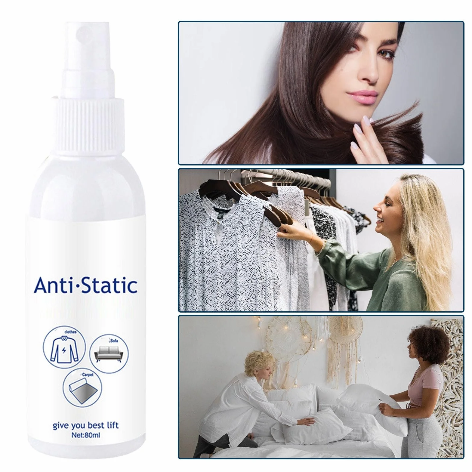 Spray statyczny, 80 ml, antystatyczny odświeżacz materiału, natychmiastowy efekt wygładzania i płyn do płukania tkanin, dywanów i mebli o długotrwałym działaniu