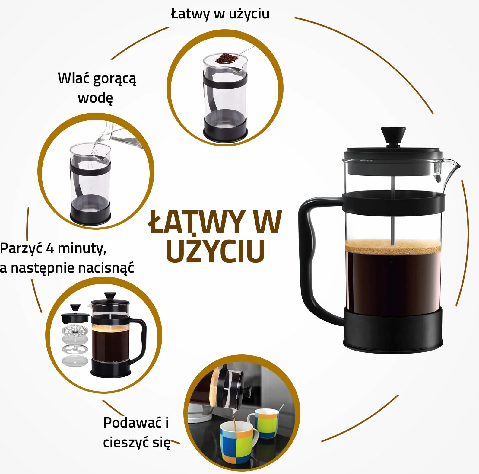 Kichly French Press Ekspres do Kawy 1000 ml Żaroodporne Szkło Stalowy Tłok