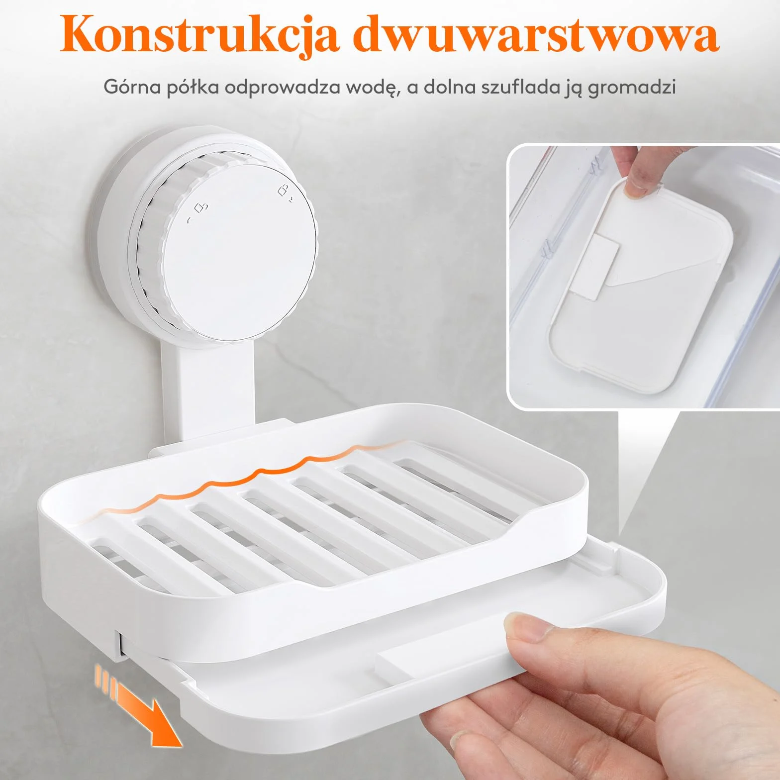 Lifewit Mydelniczka z przyssawką do prysznica z odpływem, plastikowa, zdejmowany uchwyt na mydło, montaż na ścianie