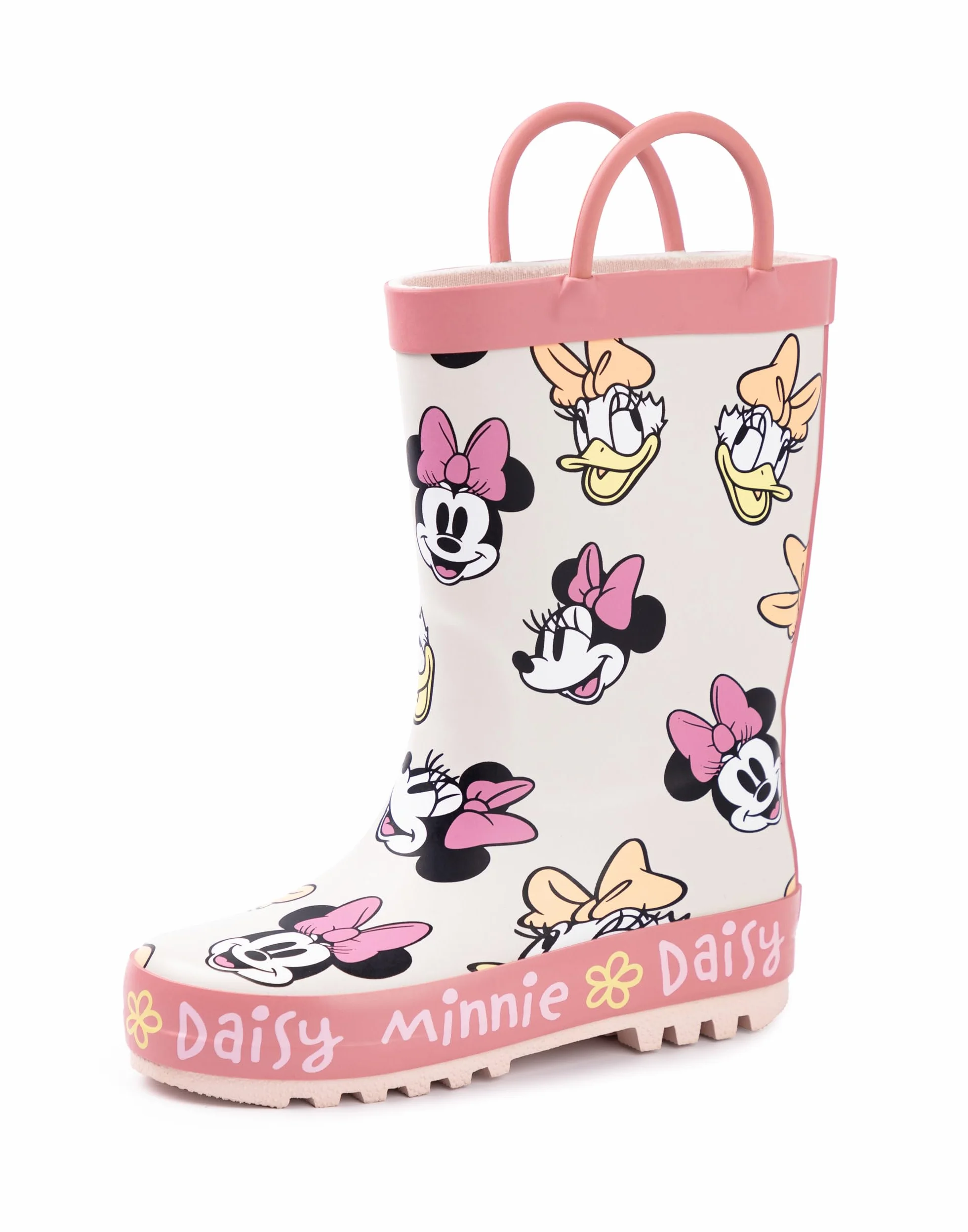 Disney Dziewczynki kalosze z myszką Minnie | Dziecięce kalosze z uchwytem Minnie i Daisy z nadrukiem na całej powierzchni w kolorze beżowym i różowym, wodoodporne, łatwe do wciągania gumowe buty dla