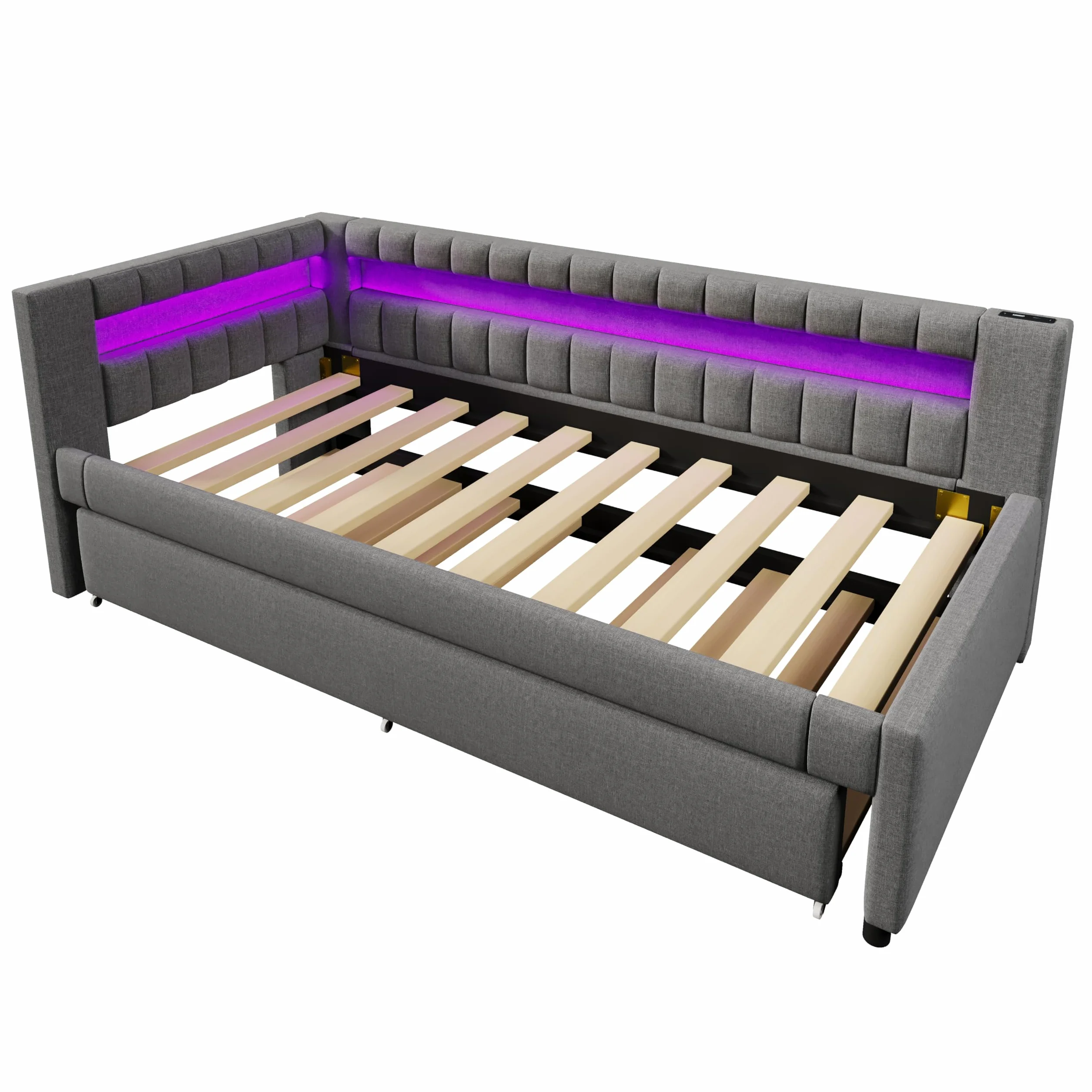 Łóżko tapicerowane z funkcją spania 90x200 cm z diodami LED i USB szare