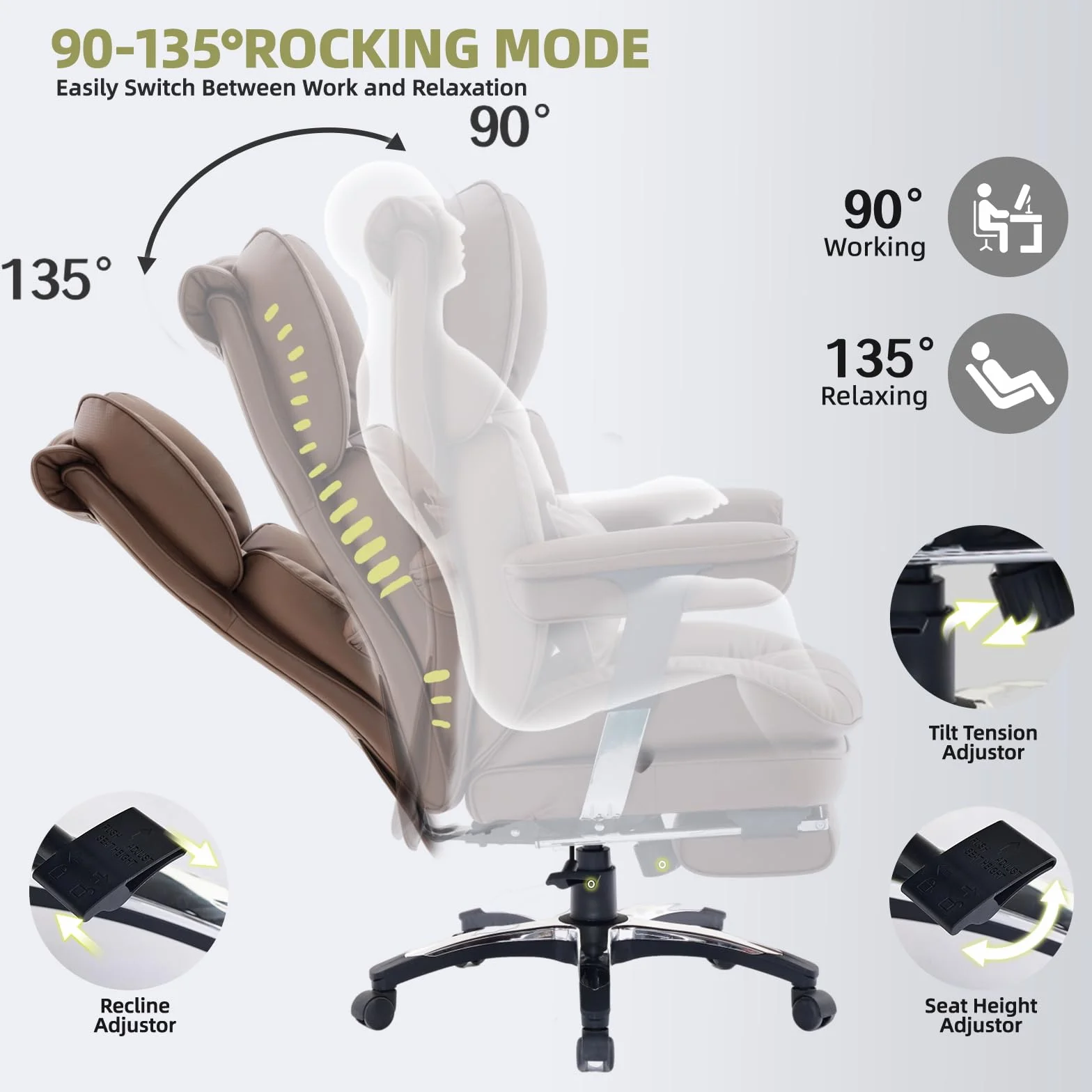 Efomao Ergonomiczny fotel biurowy z podnóżkiem, regulowany fotel gamingowy z poduszką lędźwiową i zagłówkiem, obrotowy fotel komputerowy z funkcją odchylania