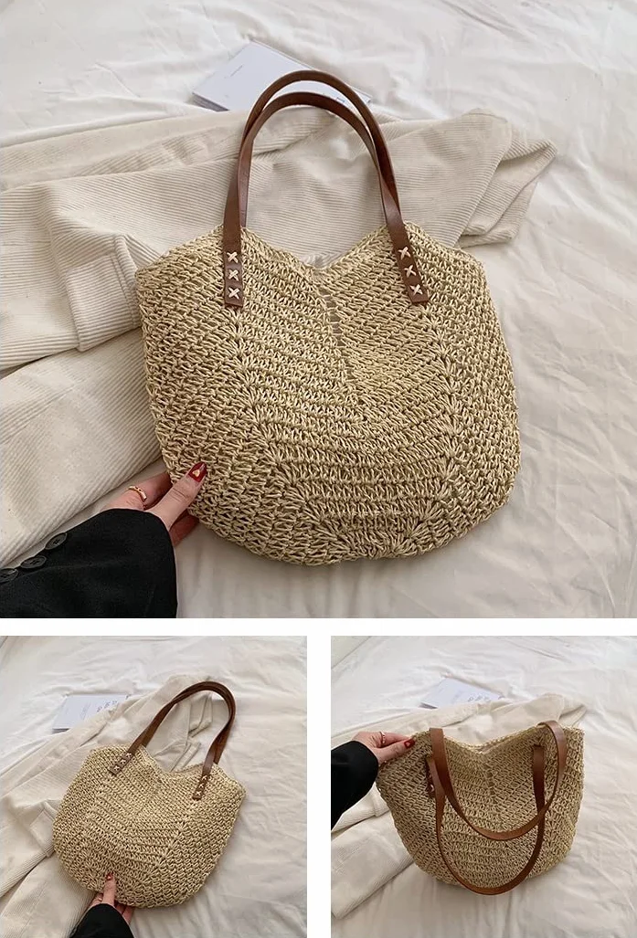 Słomiana torba torby plażowe dla kobiet, ręcznie robiona tkana torba na ramię modna pleciona torba crossbody na jedno ramię torebki plażowe, #2