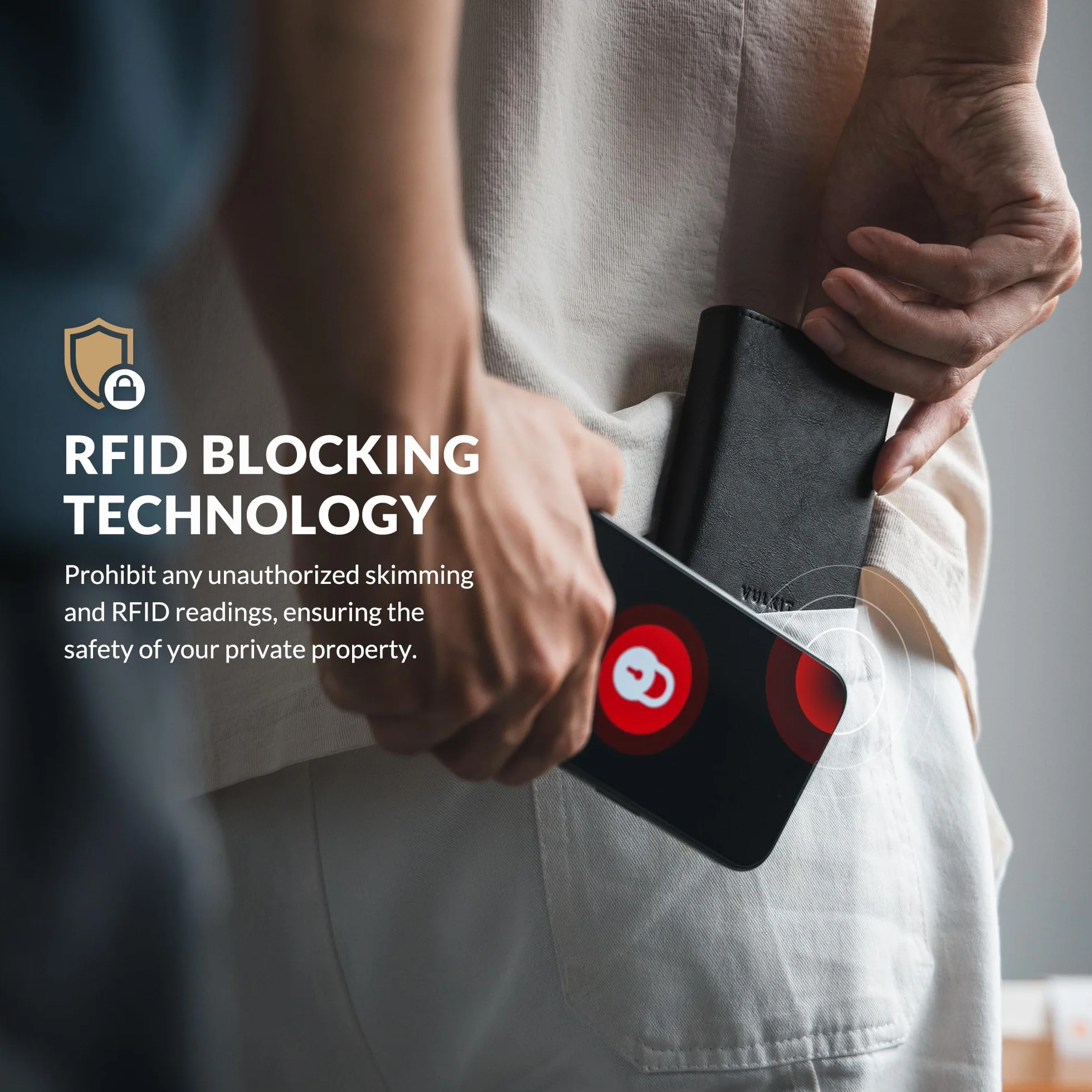 VULKIT Etui na karty kredytowe z blokadą RFID, portfel z prawdziwej skóry z przegródką na banknoty, okienkiem identyfikacyjnym, kieszenią na monety i zapięciem magnetycznym, czarny, Taille unique,