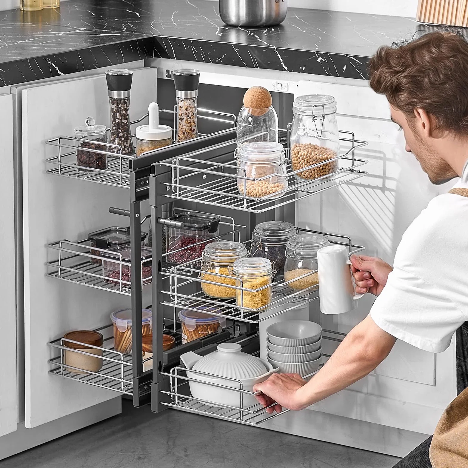 VEVOR Organizer narożny wysuwany 38 cm, 3 poziomy 6 półek, chromowana stal węglowa do szafki kuchennej