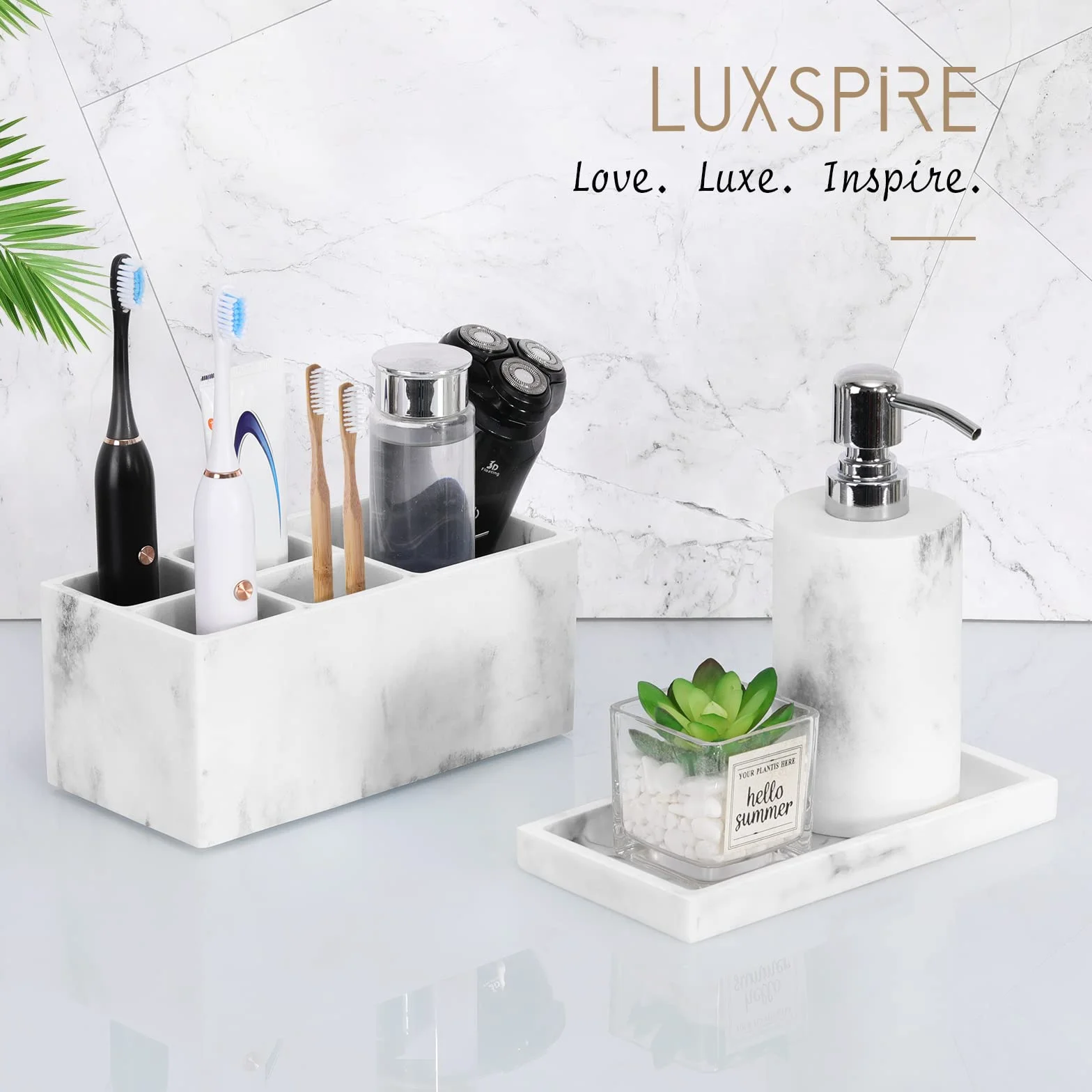 Luxspire Bathroom Vanity Tray, Resin Dresser Jewelry Ring Dish Tank Storage Kitchen Sink Countertop Organiser Plate Holder for Perfume Candles Soap Towel Plant Bathroom Accessories, Mini, White Marble