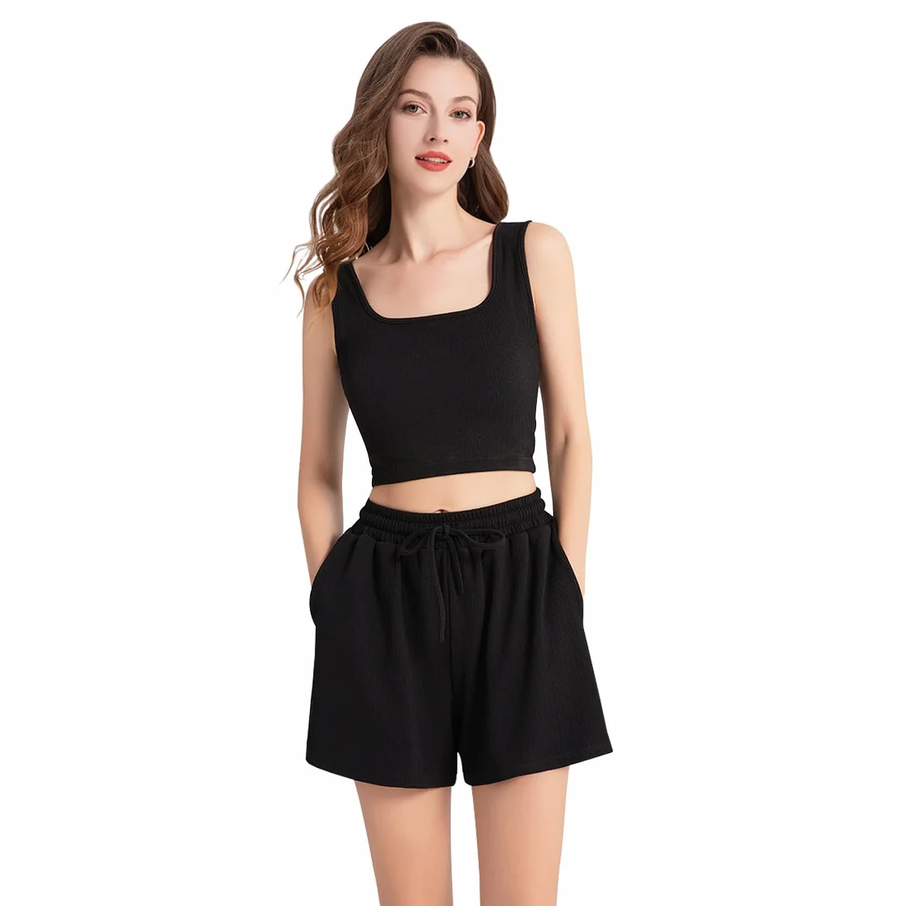 Zestaw Sportowy Kobiety 2 Kawałki Crop Top Krótki Bez Rękawów Dopasowanie i Szorty Wysokiej Talii Casual Chandal Lato Odzież Sportowa Fitness