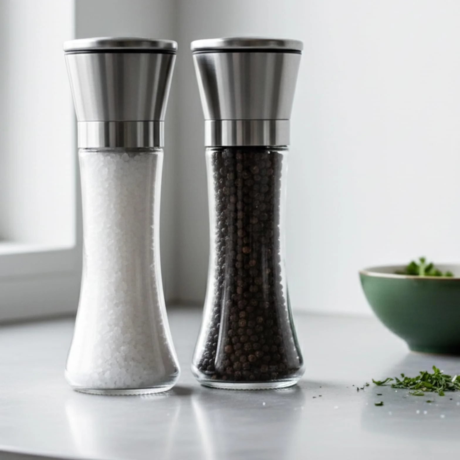 Młynki do Soli i Pieprzu ze Stali Nierdzewnej, Zestaw 2 szt. 190ml, Korpus Szklany, Żarna Ceramiczne