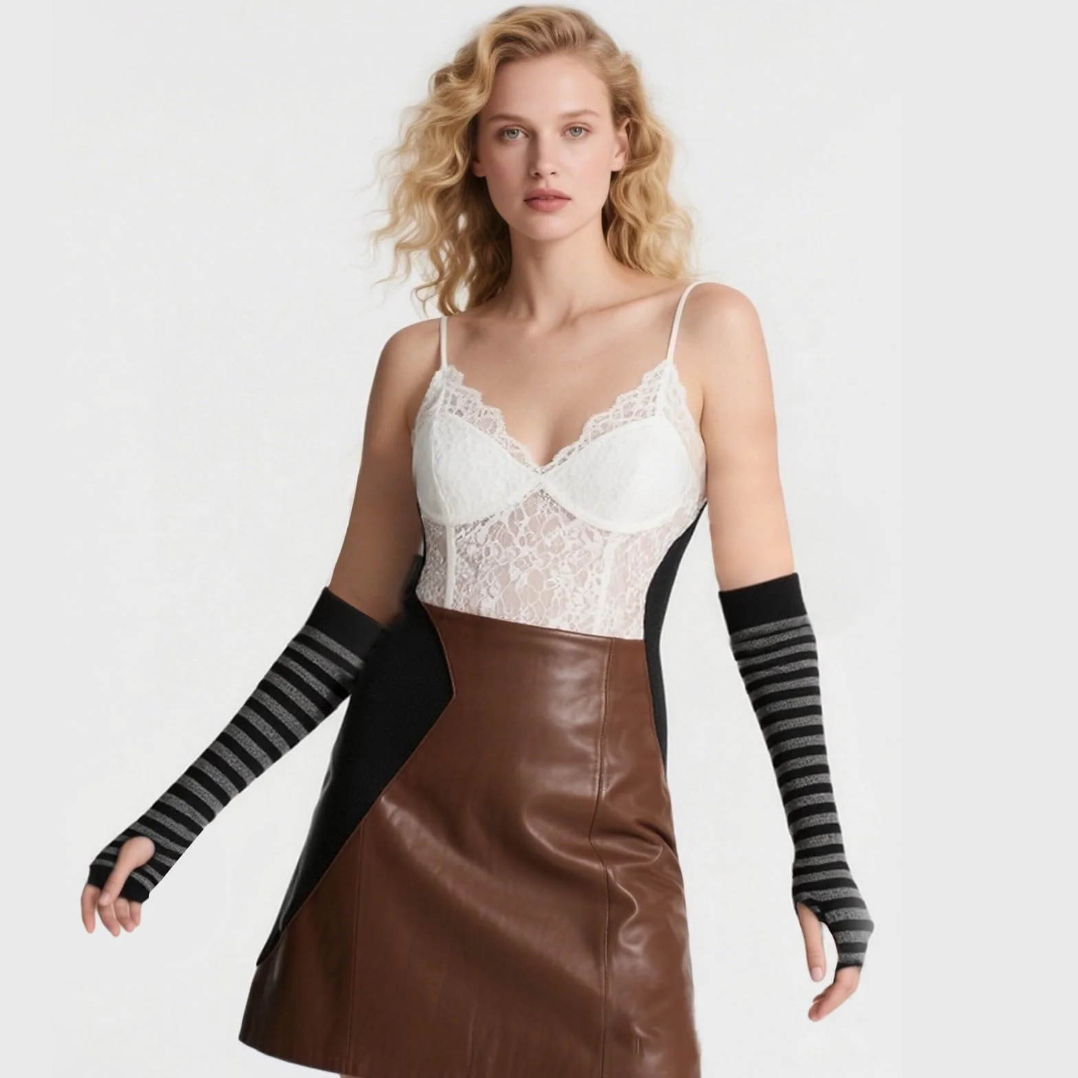 Damskie podkolanówki w paski, Thigh Highs, długie rękawiczki z dzianiny, zestaw skarpet na imprezę, kostium