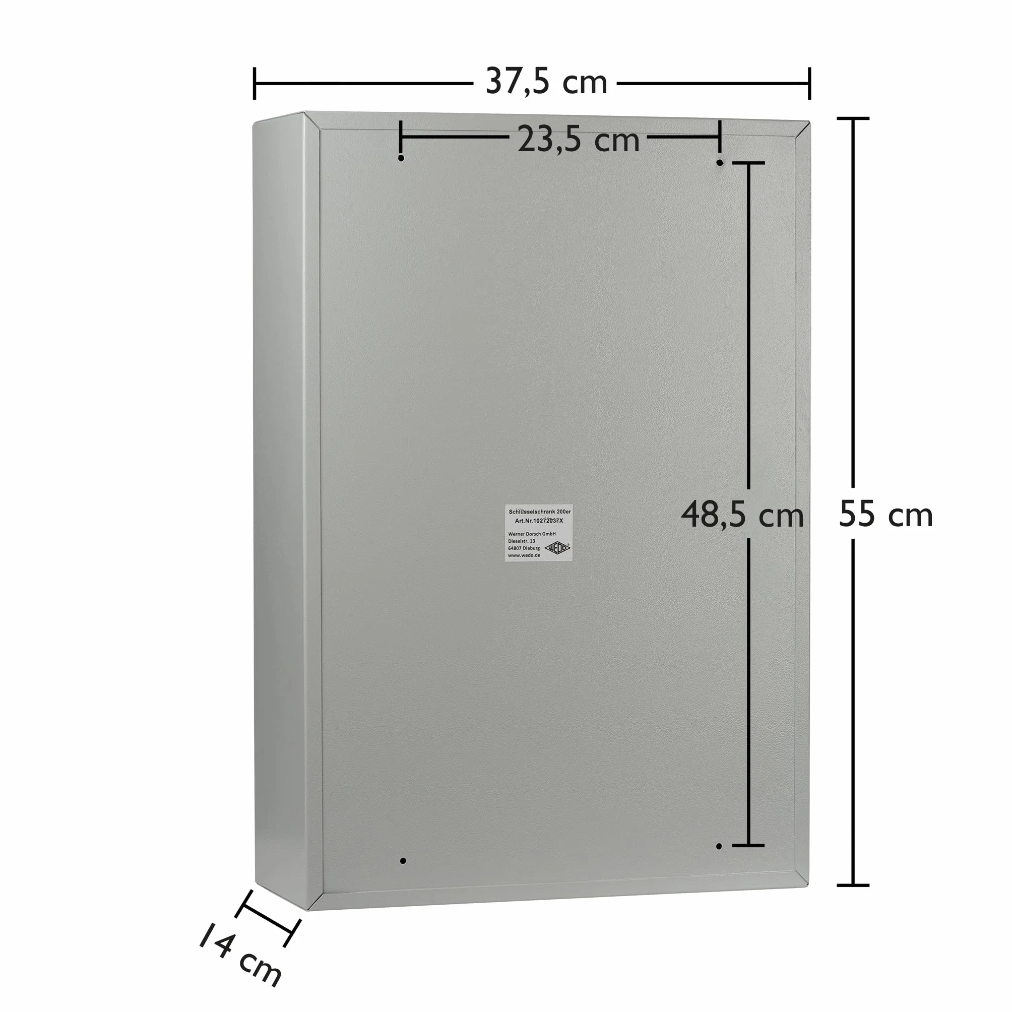 Wedo 10272037X Szafka na klucze na 200 haczyków, blacha stalowa malowana proszkowo, 38 x 14 x 55 cm, zamek bezpieczeństwa z 2 kluczami, szyna hakowa regulowana indywidualnie), jasnoszara
