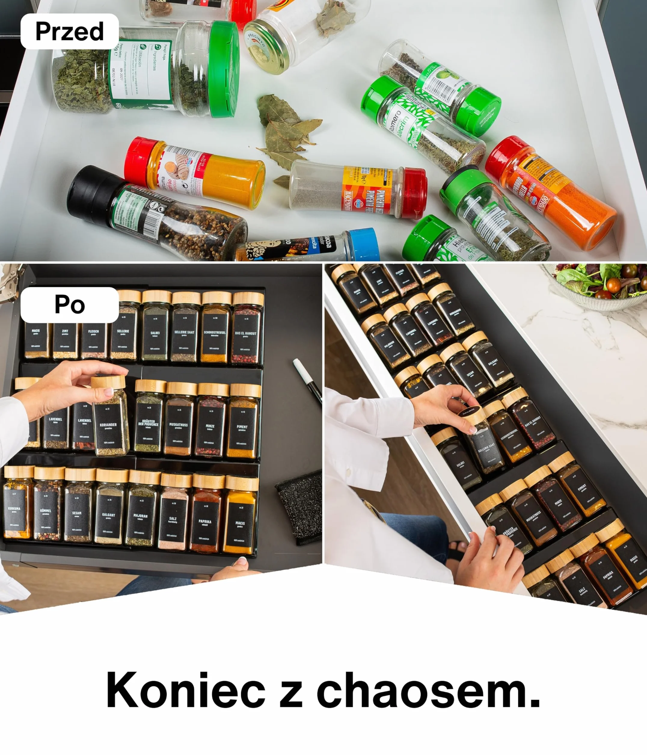 Deco Haus Organizer do Przechowywania Przypraw w Szufladzie 3 Poziomy Zestaw 24 Słoików 280 Etykiet