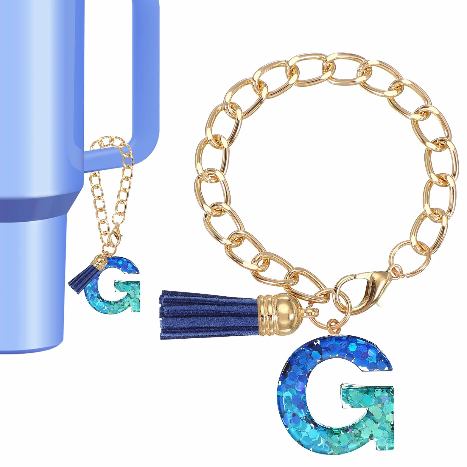 PATIKIL Zawieszka z literą do kubka Stanleya, uroczy inicjał G Charm akcesoria do Stanley Tumbler uchwyt brelok spersonalizowany amulet dla kobiet, niebieski