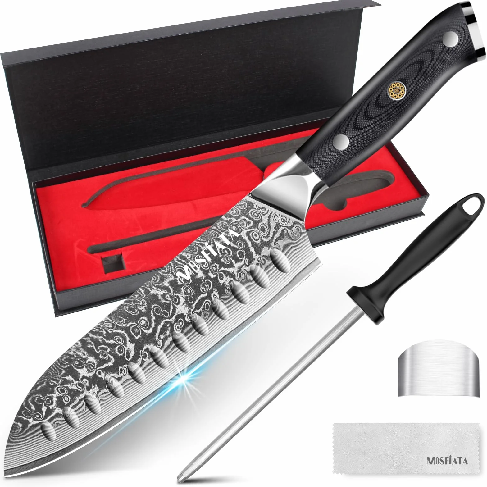 Nóż Santoku damasceński japoński szefa kuchni z ostrzałką, prezent