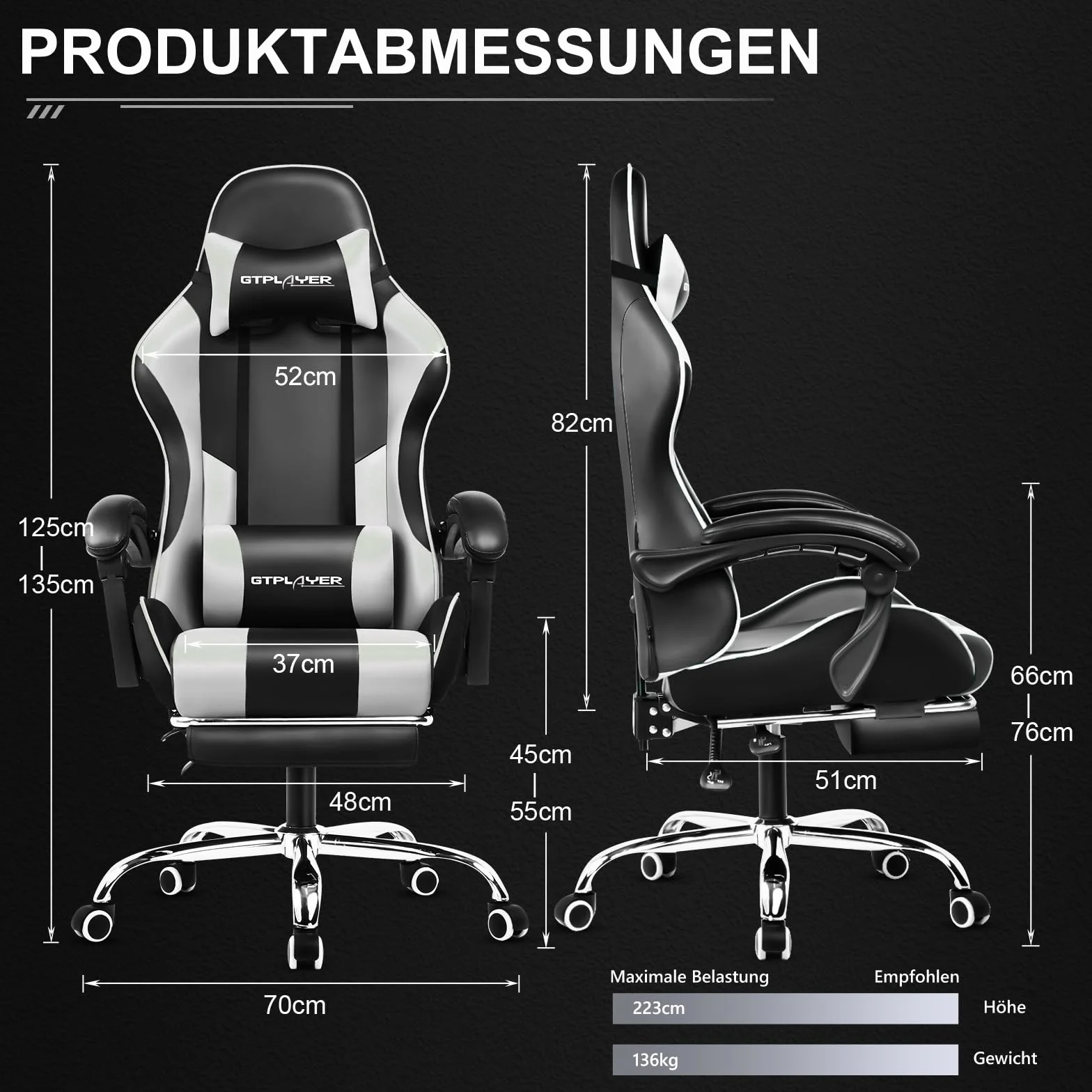 GTPLAYER Ergonomiczne krzesło komputerowe z podnóżkiem i podparciem lędźwiowym, białe