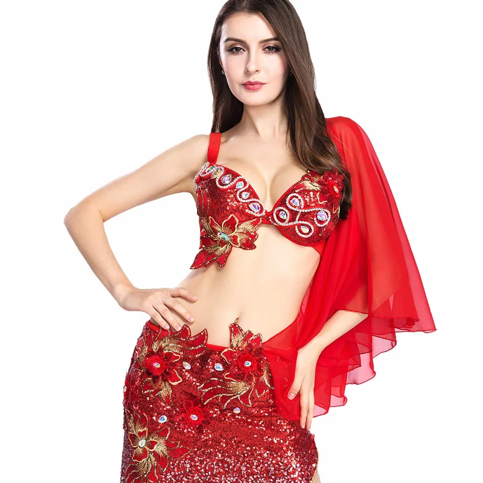 ROYAL SMEELA Seksowne kostiumy Bellydance dla tancerza brzucha biustonosz szal spódnica gradientowa cekinowa sukienka do tańca brzucha strój syrenki strój do tańca brzucha strój karnawałowy kostium kobiety orientalne kostiumy do tańca brzucha zestaw, Red,