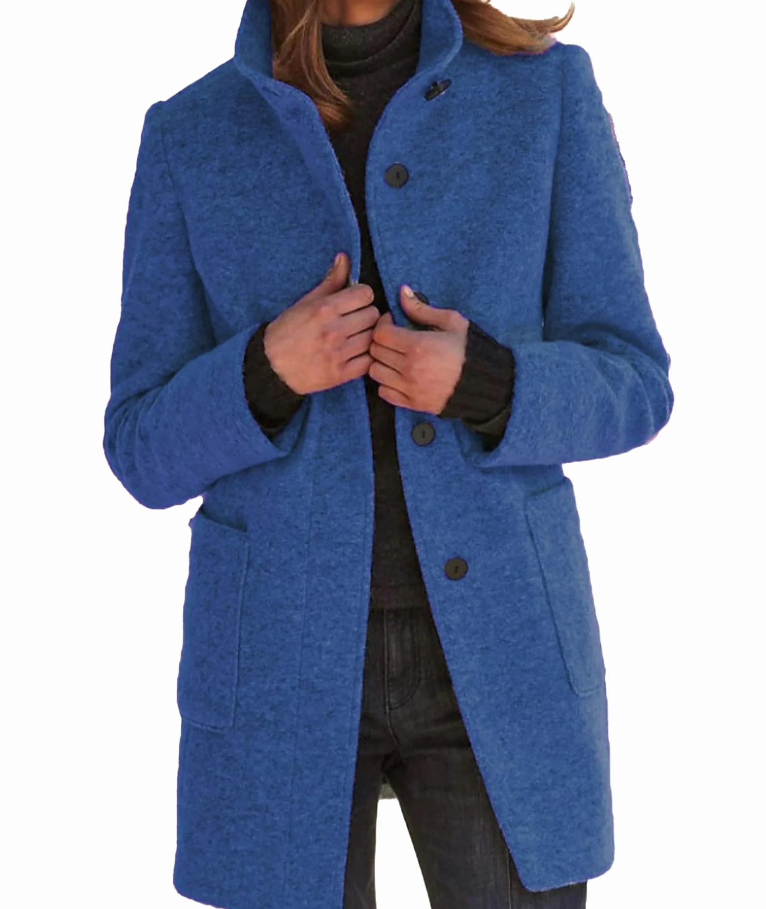 xxxiticat Damski płaszcz z mieszanki wełny, jednorzędowy, ciepły, wysoki kołnierz, marynarka typu trench z kieszeniami S-3XL