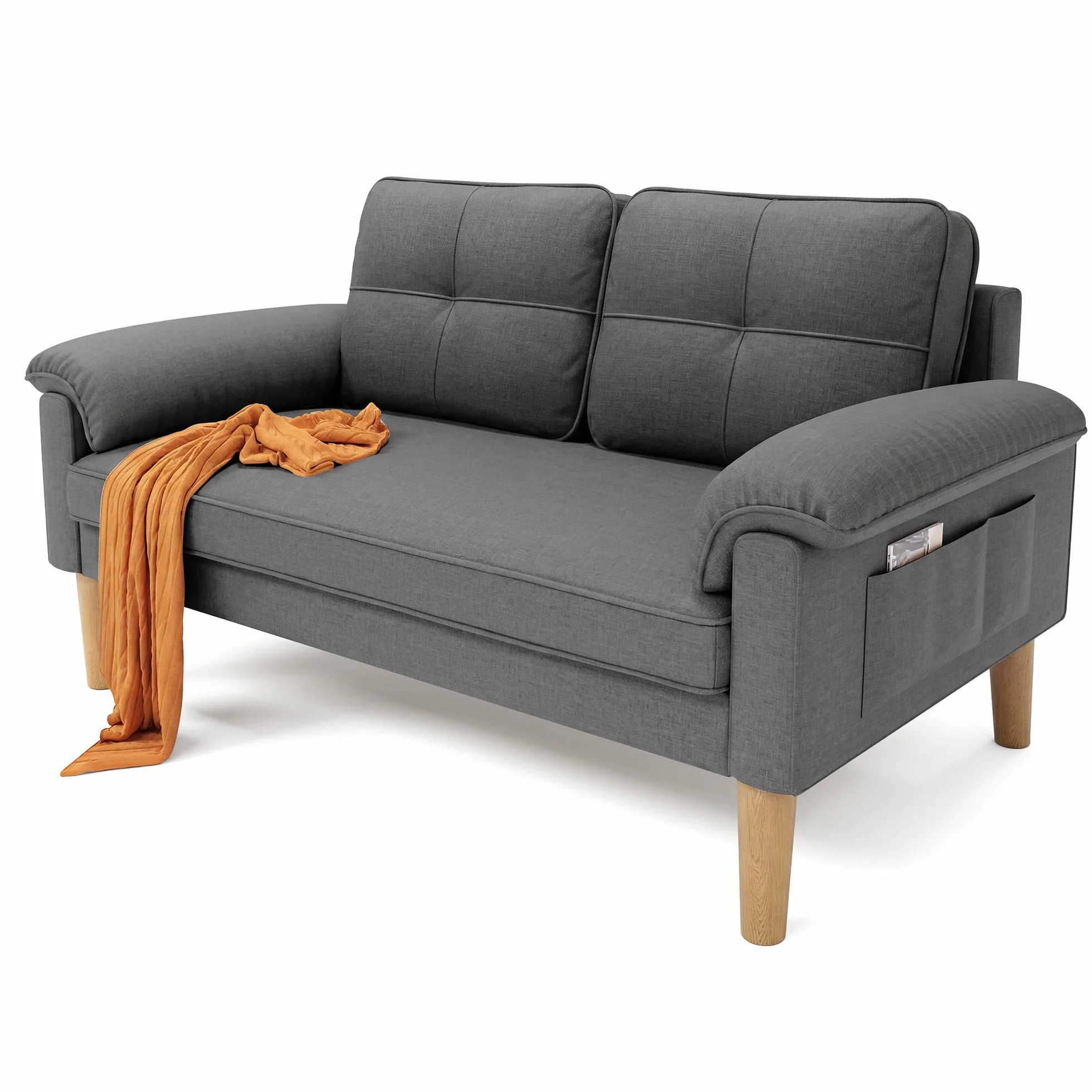 Xbro Sofa 2-osobowa, kanapa z podłokietnikiem i kieszenią boczną, materiał, 144x77x77 cm, ciemnoszara