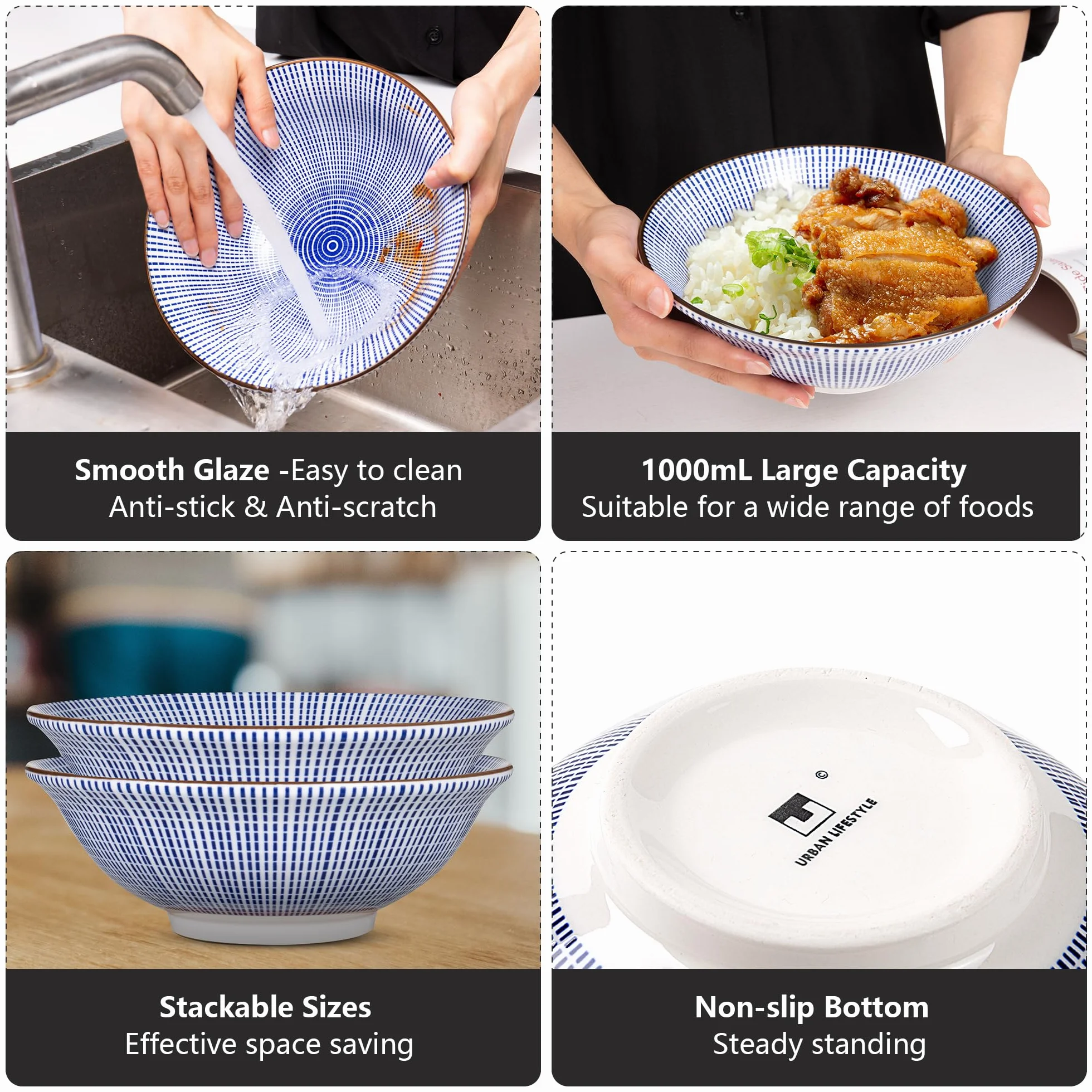 Urban Lifestyle Zestaw Misek do Ramen dla 2 Osób TOKUSA Azjatycka Zastawa z Porcelany Ø 20,5 cm 1000 ml z Łyżkami do Ramen, Miseczkami na Sos i Pałeczkami, Styl Japoński