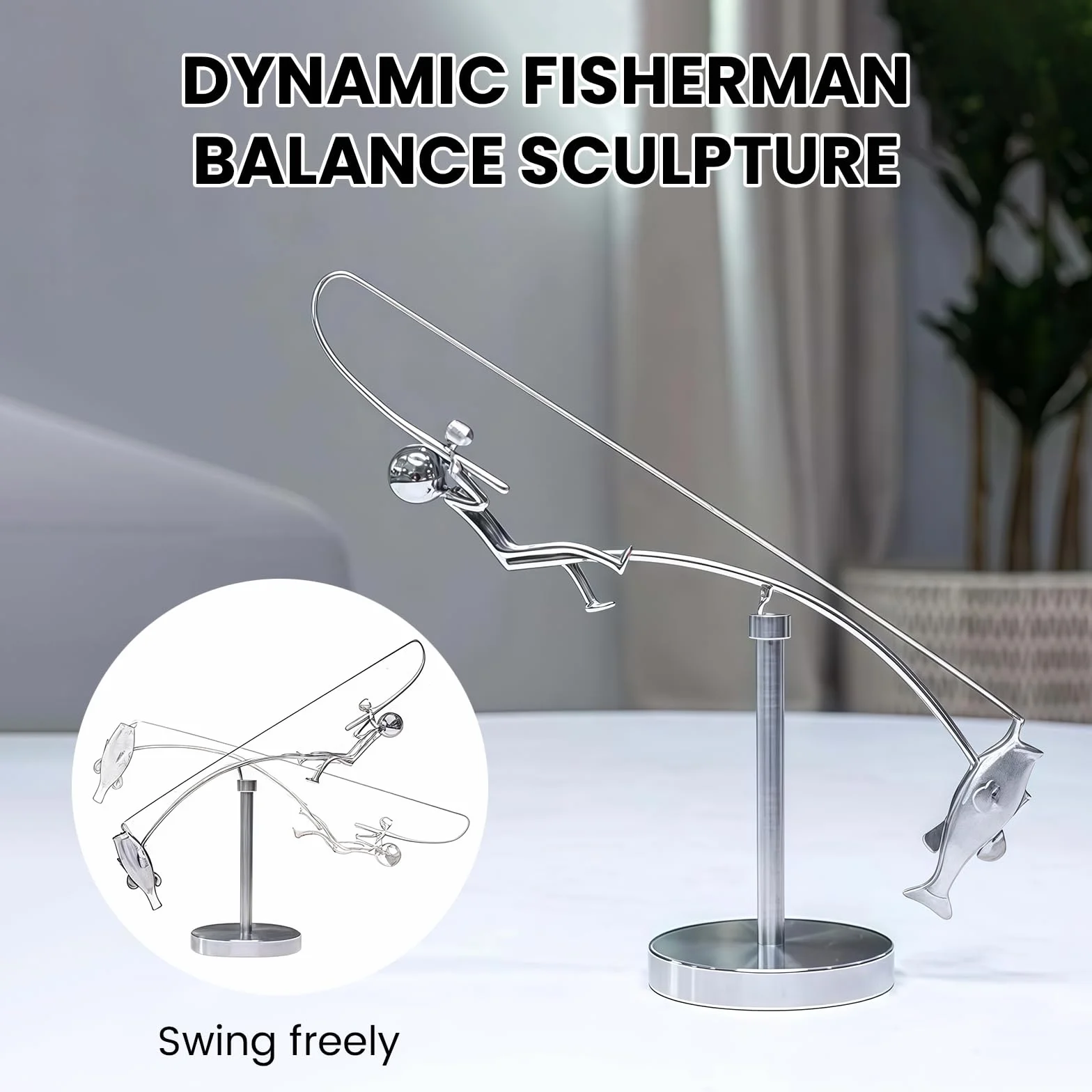 Yamobi The Fisherman Balance Sculpture, rzeźba kinetyczna, metalowa rzeźba wędkarska