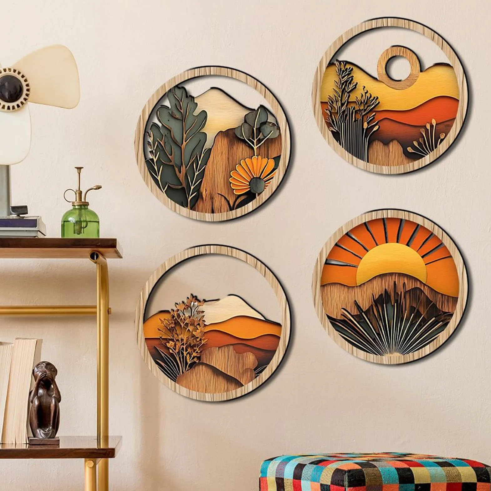 Sztuka ścienna Boho do salonu, okrągła drewniana rama ścienna, estetyczna ozdoba 7,87, dekoracja wnętrz w boho do sypialni, werandy, kominka, balkonu, galerii, półki na książki, patio, okna