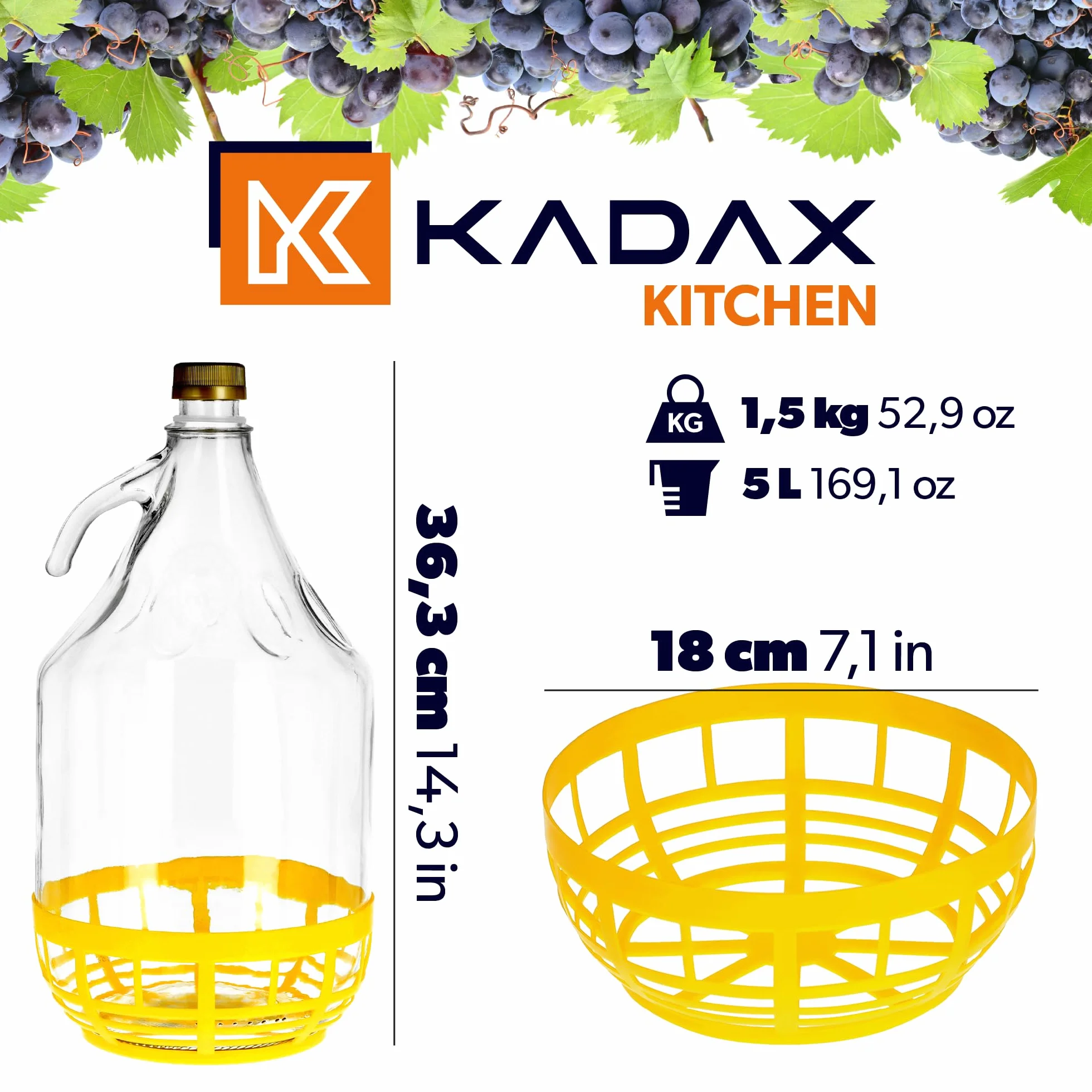 KADAX Zestaw 2 szt. gąsior szklany do wina 5 l z koszem ochronnym, fermentacyjny, do nastawu i przechowywania, stabilny i łatwy w czyszczeniu