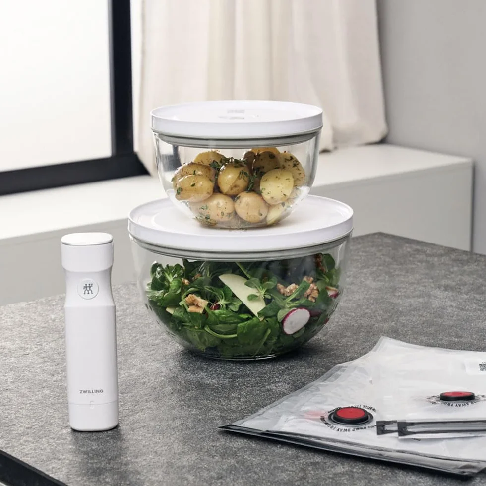 ZWILLING Fresh & Save BOWLS zestaw startowy próżniowy, 9-częściowy, szklana miska M-18 cm, L-24 cm, worek, pompka