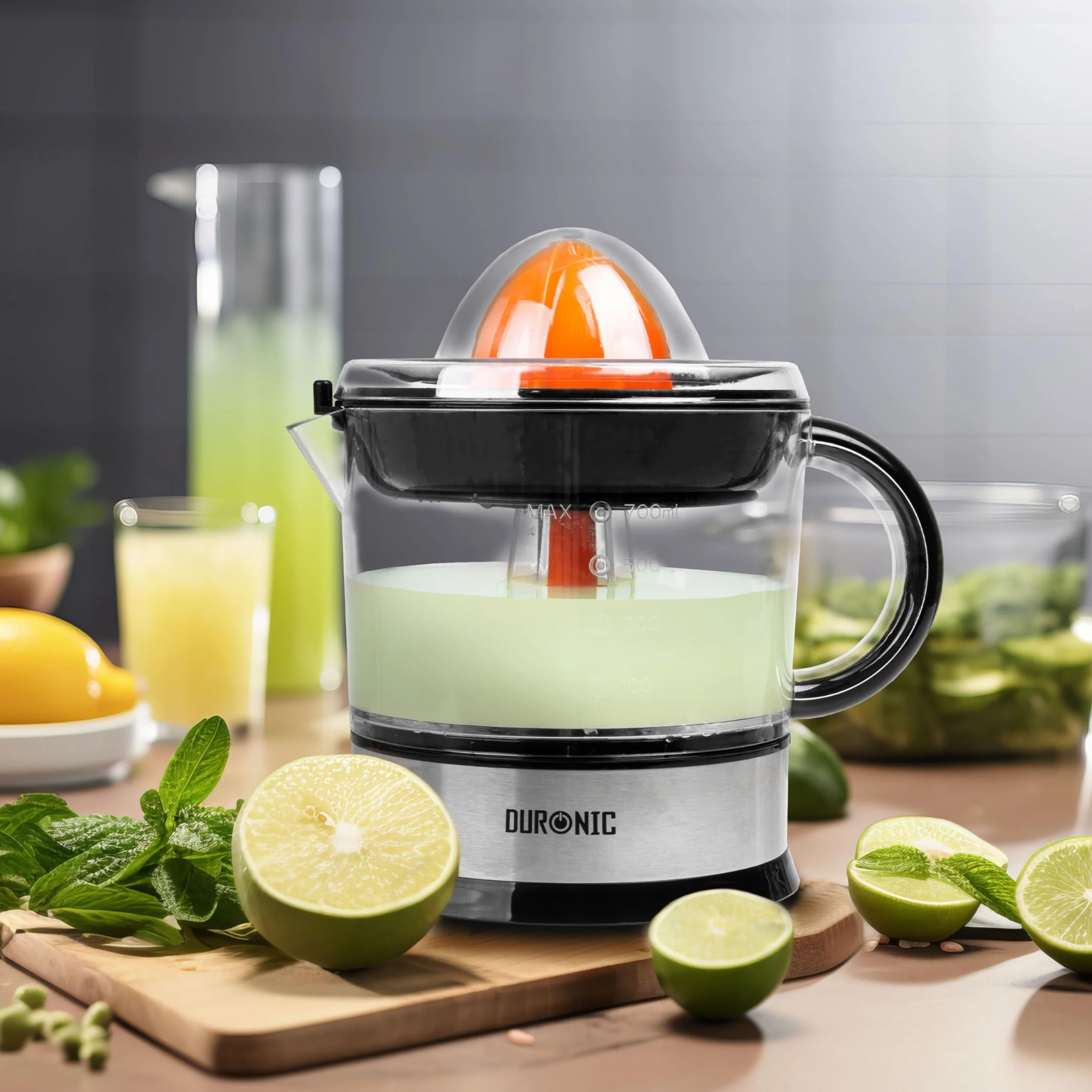 Duronic JE407 Elektryczna wyciskarka do cytrusów 40W dwa stożki | do cytryn pomarańczy grapefrutów limonki | pojemność 700ml praktyczne sitko dwustronna rotacja