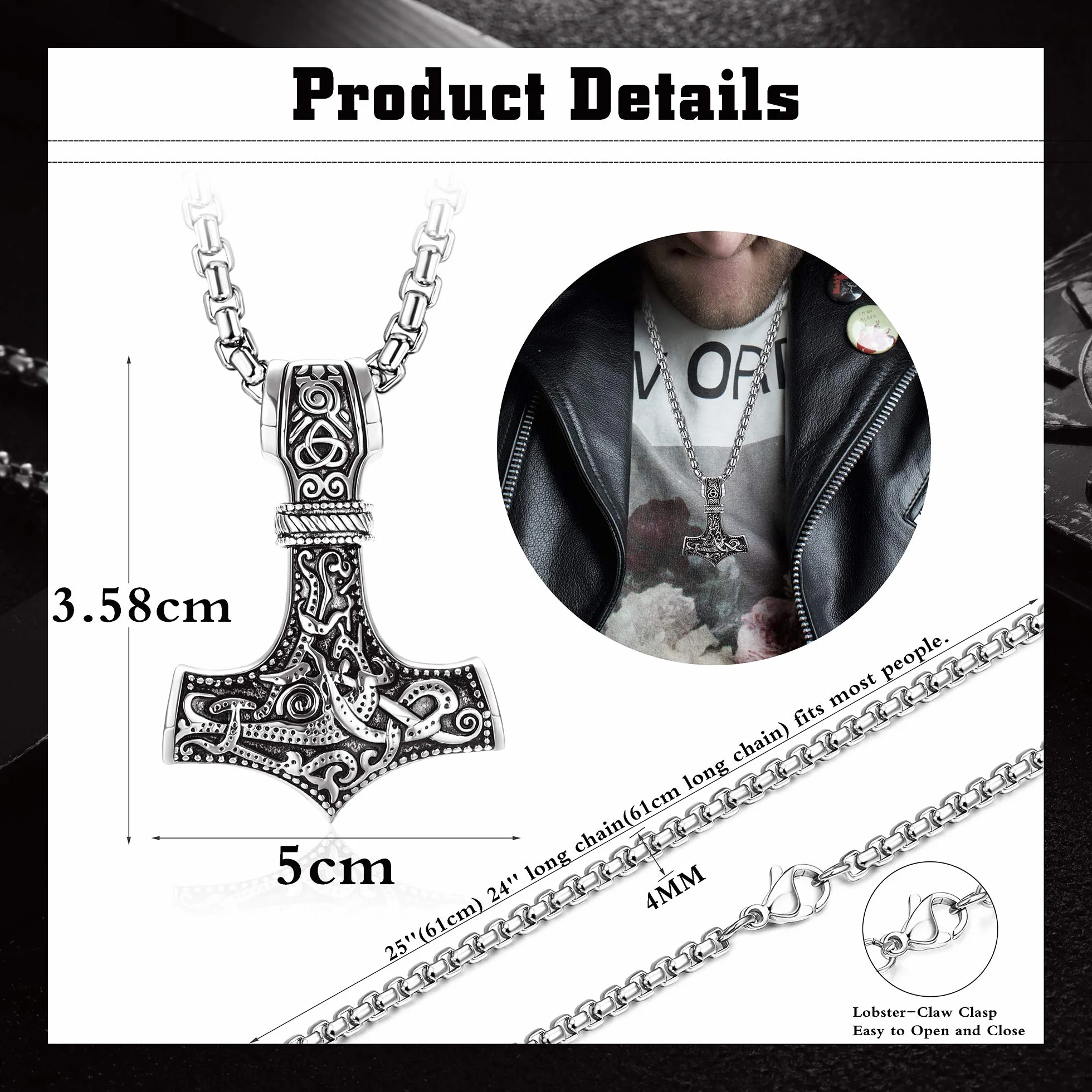 YADOCA Viking Thor's Hammer Naszyjnik męski stal nierdzewna z celtyckim węzłem Thora wisiorek z młotem biżuteria wikingów prezent czarny/srebrny, 61 cm, stal nierdzewna, bez kamienia szlachetnego