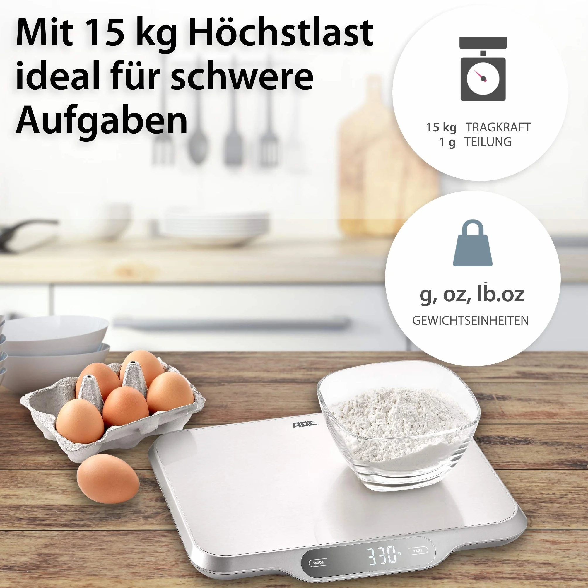 ADE Ladina cyfrowa waga kuchenna 15 kg stal nierdzewna srebrna szara 31 x 26,5 x 2,5 cm