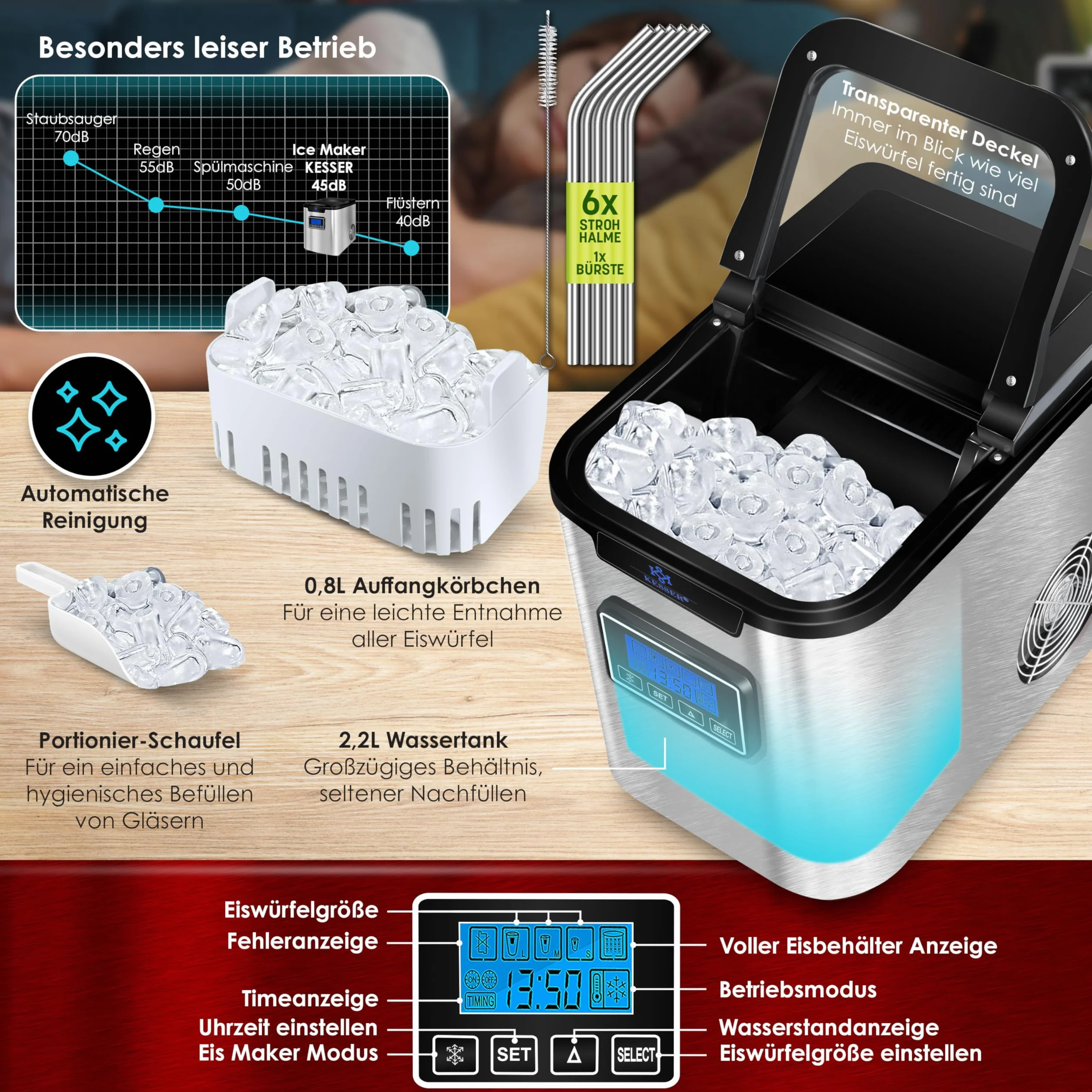KESSER Kostkarka do lodu ze stali nierdzewnej 150 W 12 kg/24 h 3 rozmiary kostek 6 min zbiornik 2,2 l timer LCD