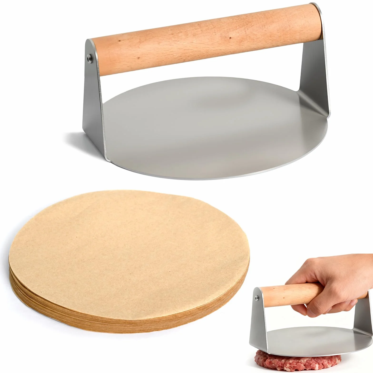 Zestaw foremek do hamburgerów, prasa do mięsa 16 cm + 200 arkuszy separatora