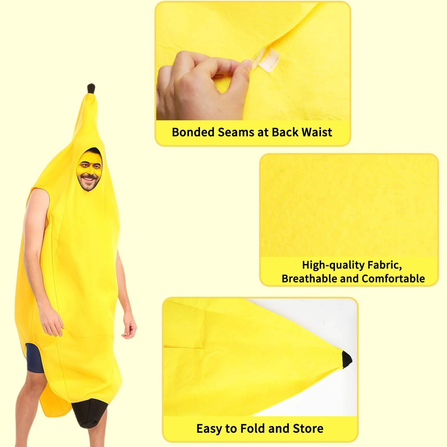 Zabawny kostium bananowy dla dorosłych, uniseks, z żółtymi okularami, na karnawał, Halloween, cosplay, zabawny kostium dla mężczyzn i kobiet, 150-175 cm