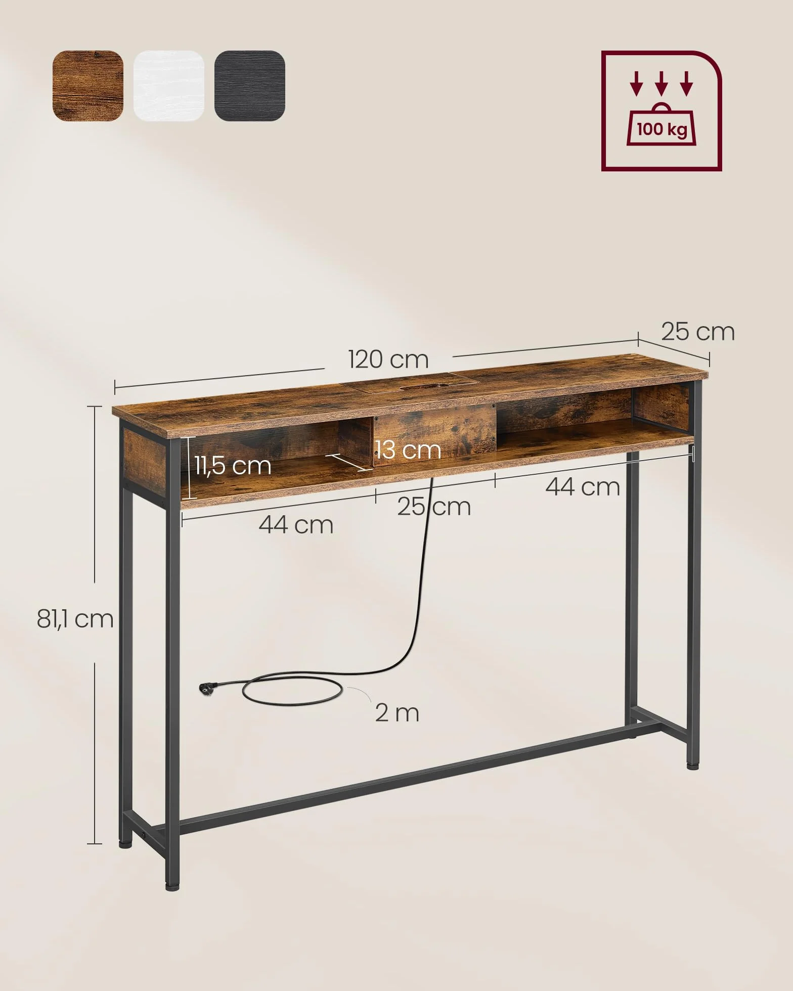 VASAGLE LNT111K01 konsola z gniazdami wąska 25 x 120 x 81 cm brązowo-atramentowa