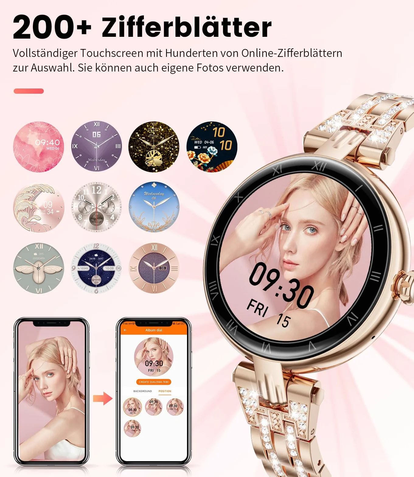 ESFOE Smartwatch damski z funkcją telefonu 1,16" AMOLED Always-On-Display, zegarek na rękę SML18
