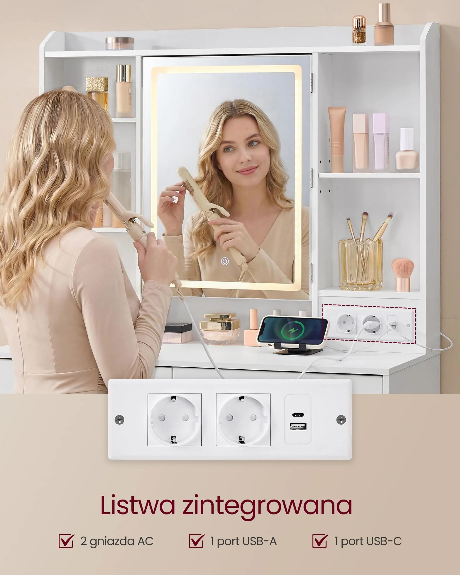 VASAGLE Kailyn Toaletka z lustrem LED, regulowana jasność, biała, duża, z szufladami