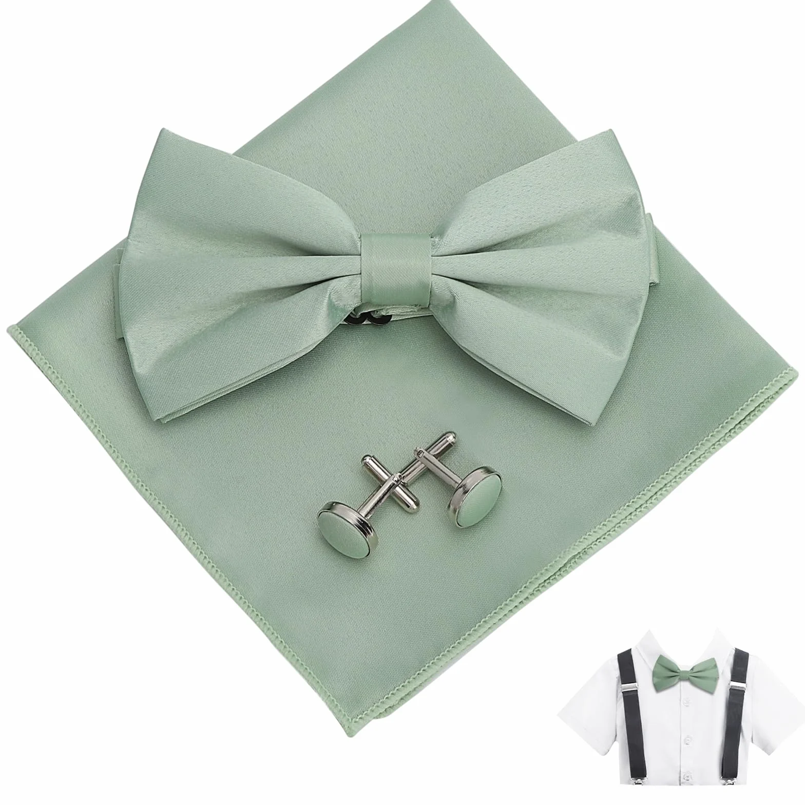 VOSSOT Zestaw Papillon Męski Zielony, Elegancki z Papillonem Zielonym, Papillony dla Mężczyzn z Pochette i 2 Spinkami Akcesoria do Ślubu Krawat Zielony, Strój na Uroczystość