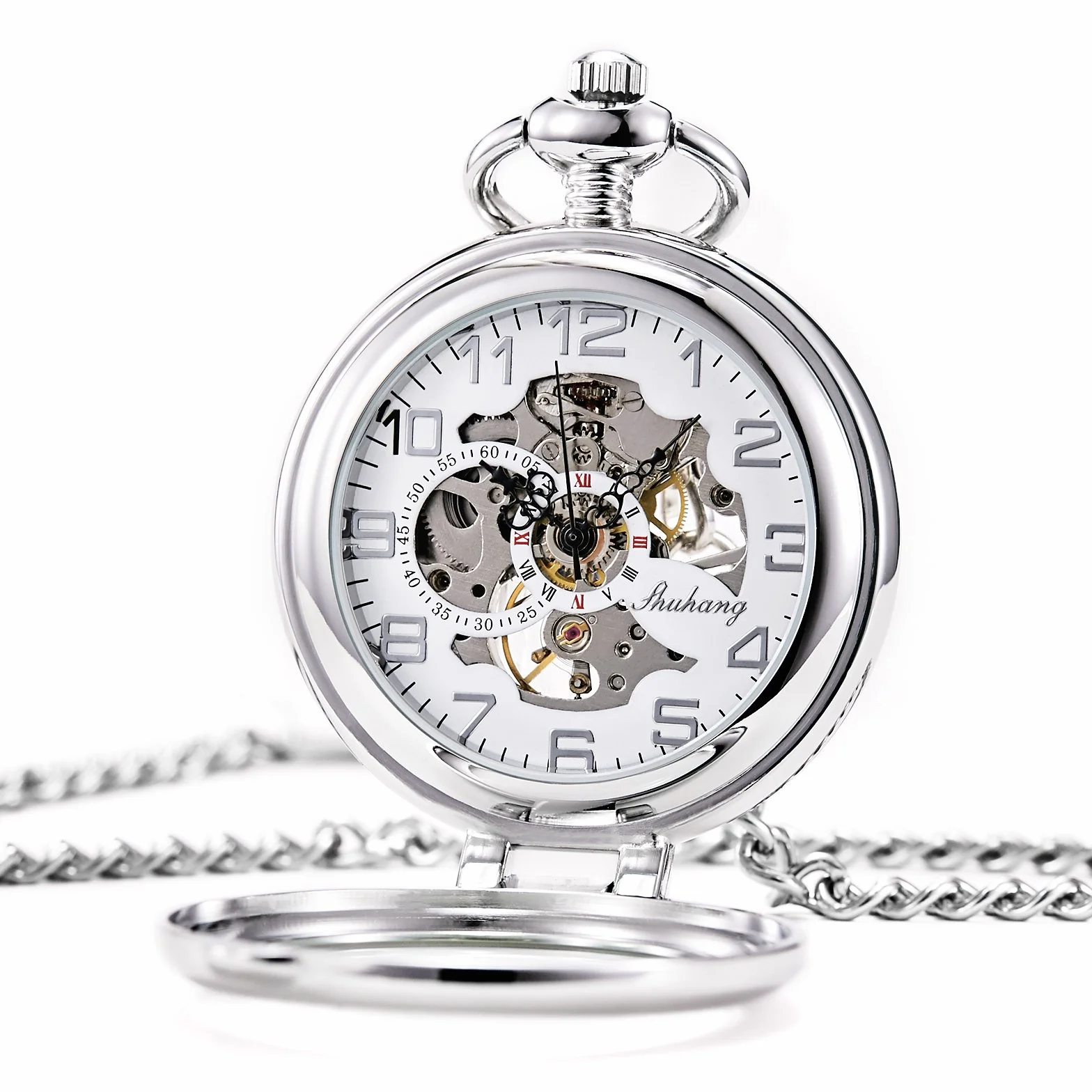 TREEWETO Steampunk mechaniczny zegarek kieszonkowy dla mężczyzn kobiet srebrna obudowa szkielet tarcza z łańcuszkiem + pudełko, Srebrny, Retro