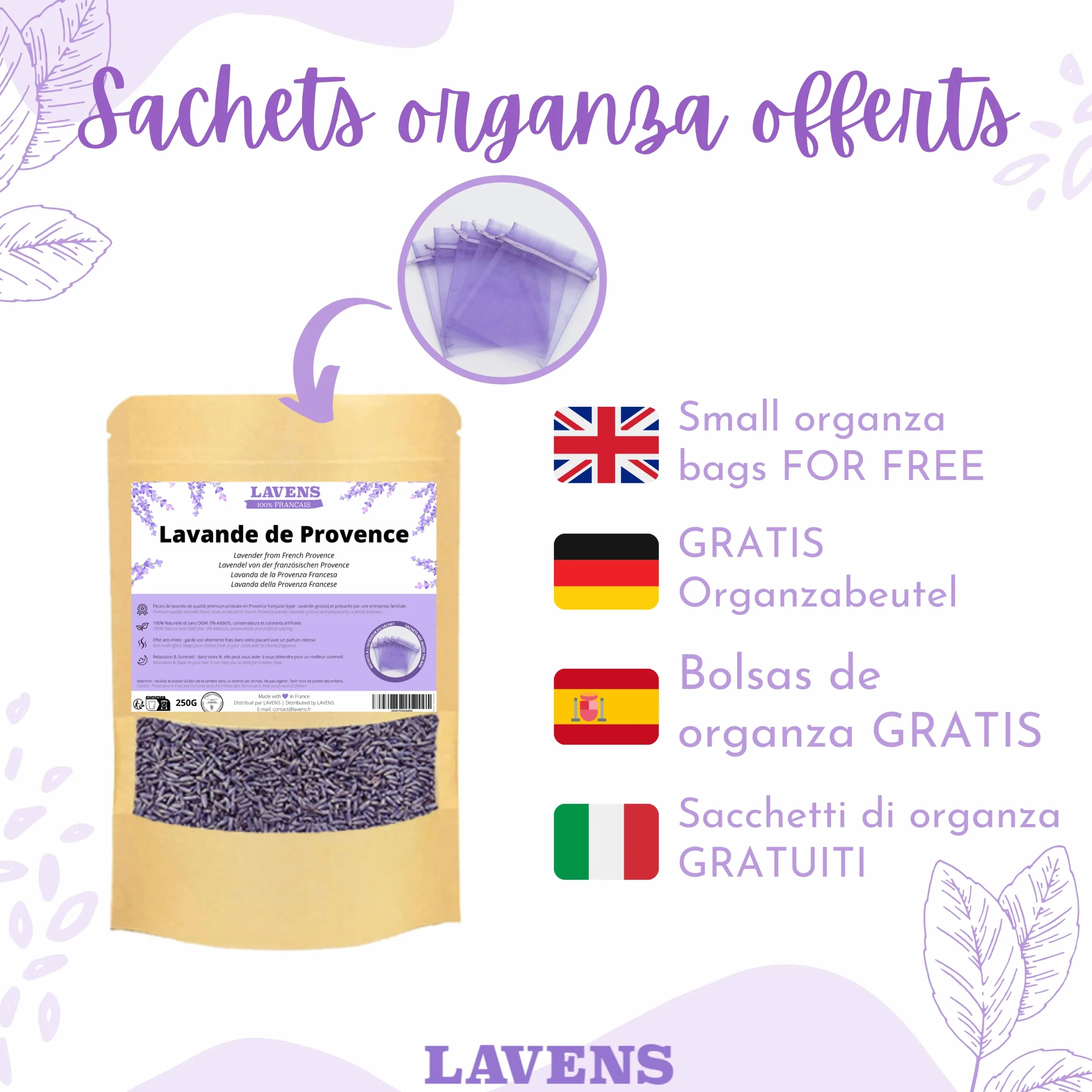 LAVENS Suszone kwiaty lawendy | 100% francuski | 250 g + 10 woreczków z organzy gratis suszona lawenda, idealna do pachnących woreczków lawendowych i potpourri. Jakość premium i intensywny zapach.