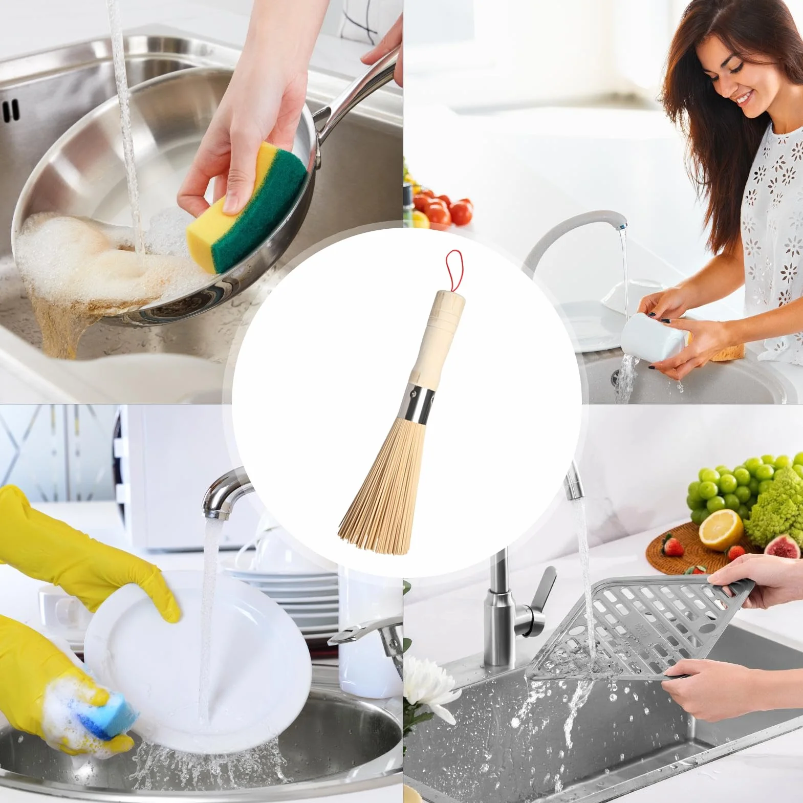 Wooden Kitchen Cleaning Brush for Wok, Non-Scratch Cast Iron Care Scrubber with Hangable Loop, 9.84 Inches