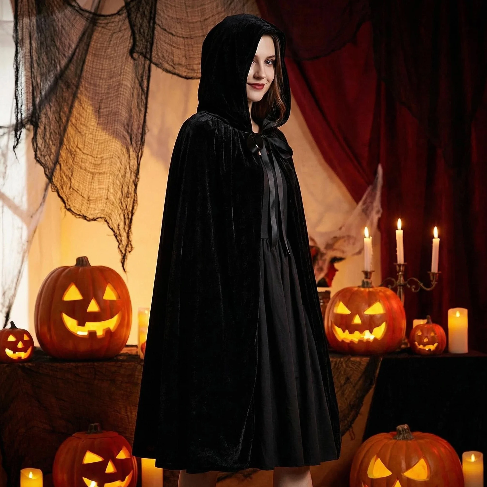 Proumhang Czarny Płaszcz z kapturem Długi aksamit Dla dorosłych Unisex Fancy Dress Kostium Halloween Boże Narodzenie-170cm