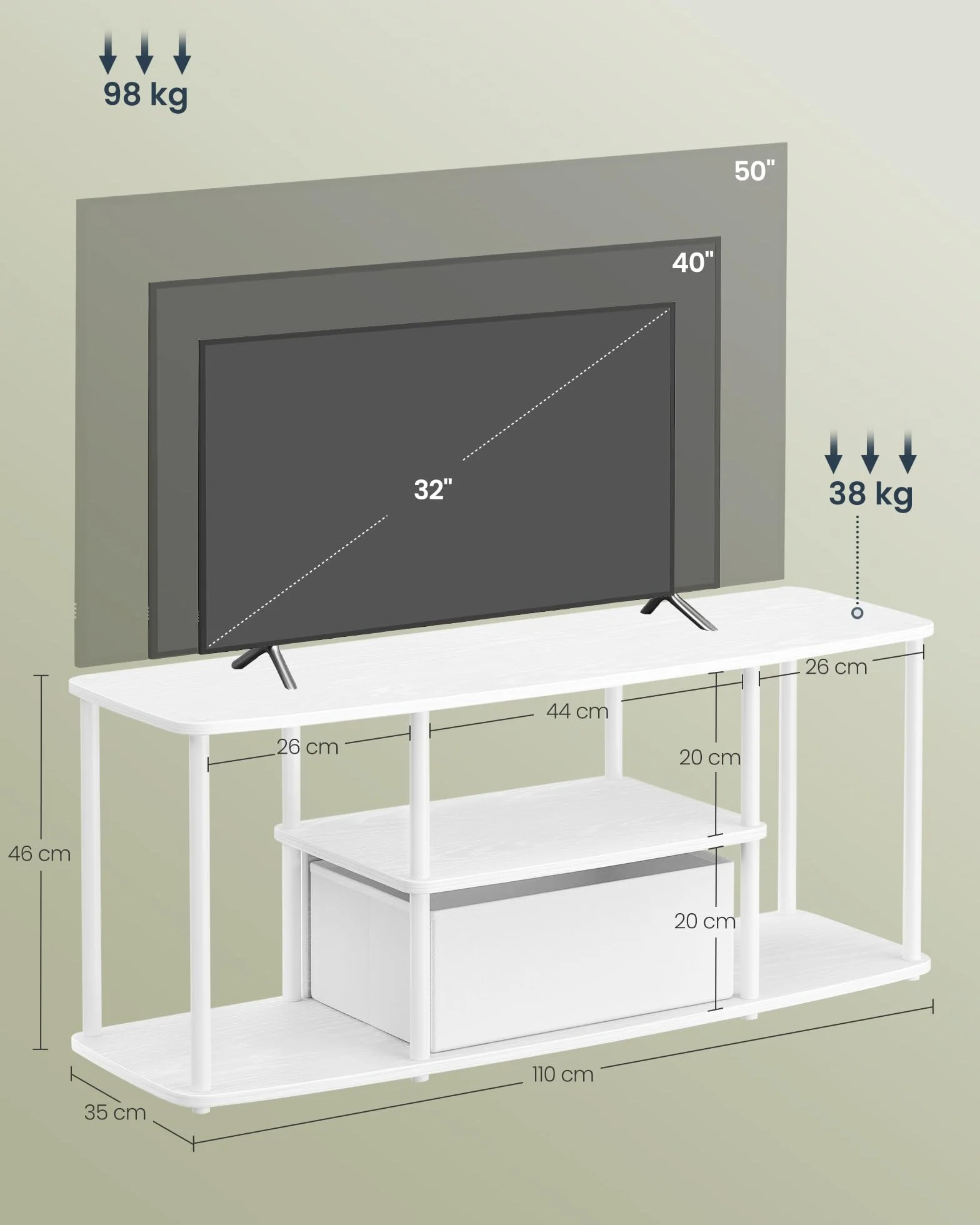 SONGMICS HOME Superszybki montaż bez użycia narzędzi, szafka pod telewizor do 50 cali, stolik RTV, niski kredens, salon, 110 x 35 x 46 cm, półka, śnieżnobiały – matowy biały LTV500W01
