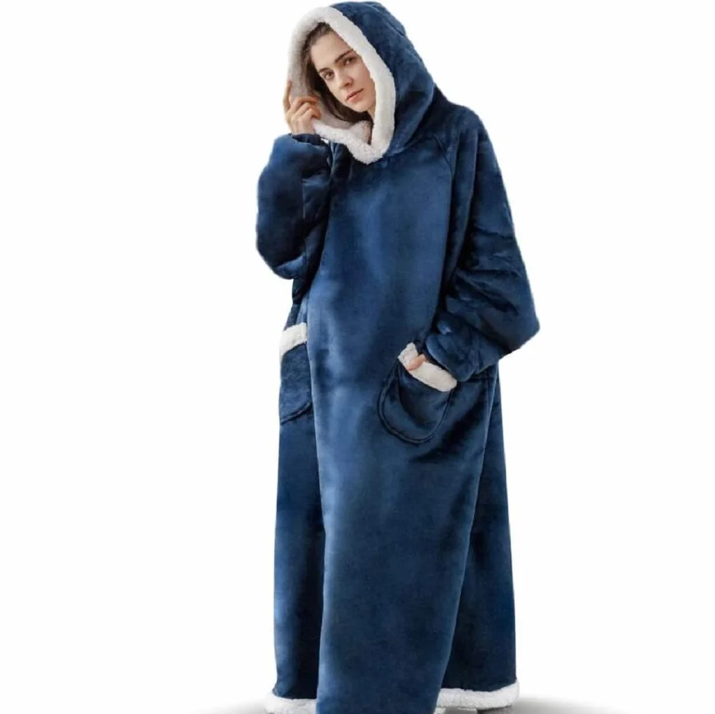 Przytulny koc z rękawami oversize z kapturem bluza Sherpa dla kobiet i mężczyzn niebieski