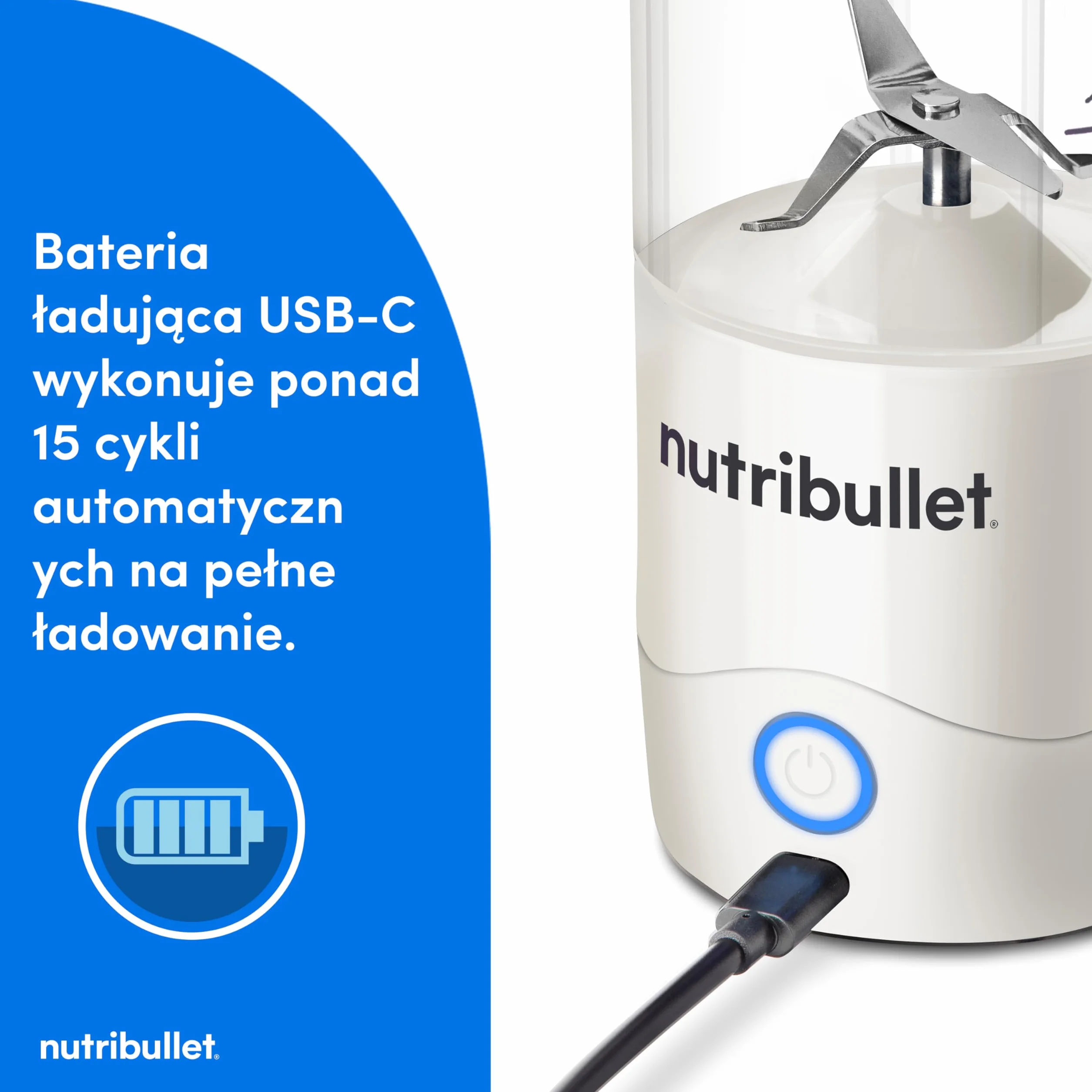 Nutribullet Mini Blender 475 ml Bez BPA Tritan 4-Stronne Ostrze Stal Nierdzewna USB-C Biały NBP003W
