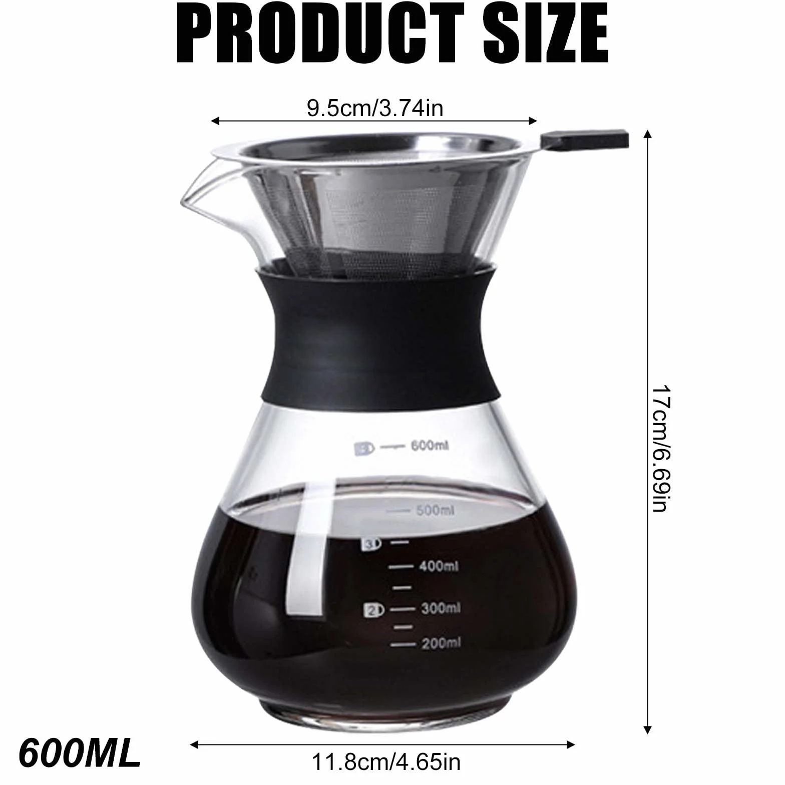 Pour Over zaparzacz do kawy 600 ml stal nierdzewna filtr ręczny szkło czarny