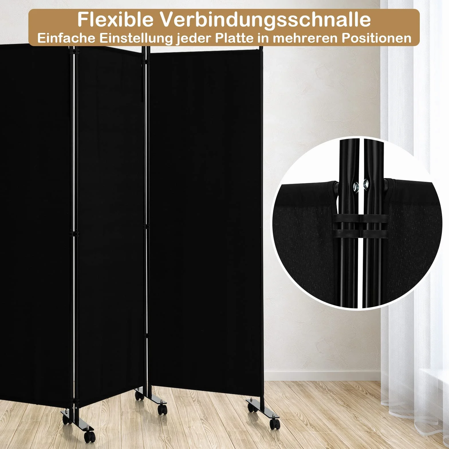 GOPLUS 4-częściowa składana ścianka działowa 225 x 173 cm metalowa rama parawan z rolkami czarny