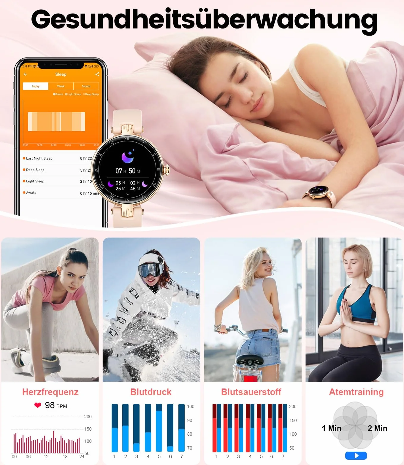 ESFOE Smartwatch damski z funkcją telefonu 1,16" AMOLED Always-On-Display, zegarek na rękę SML18