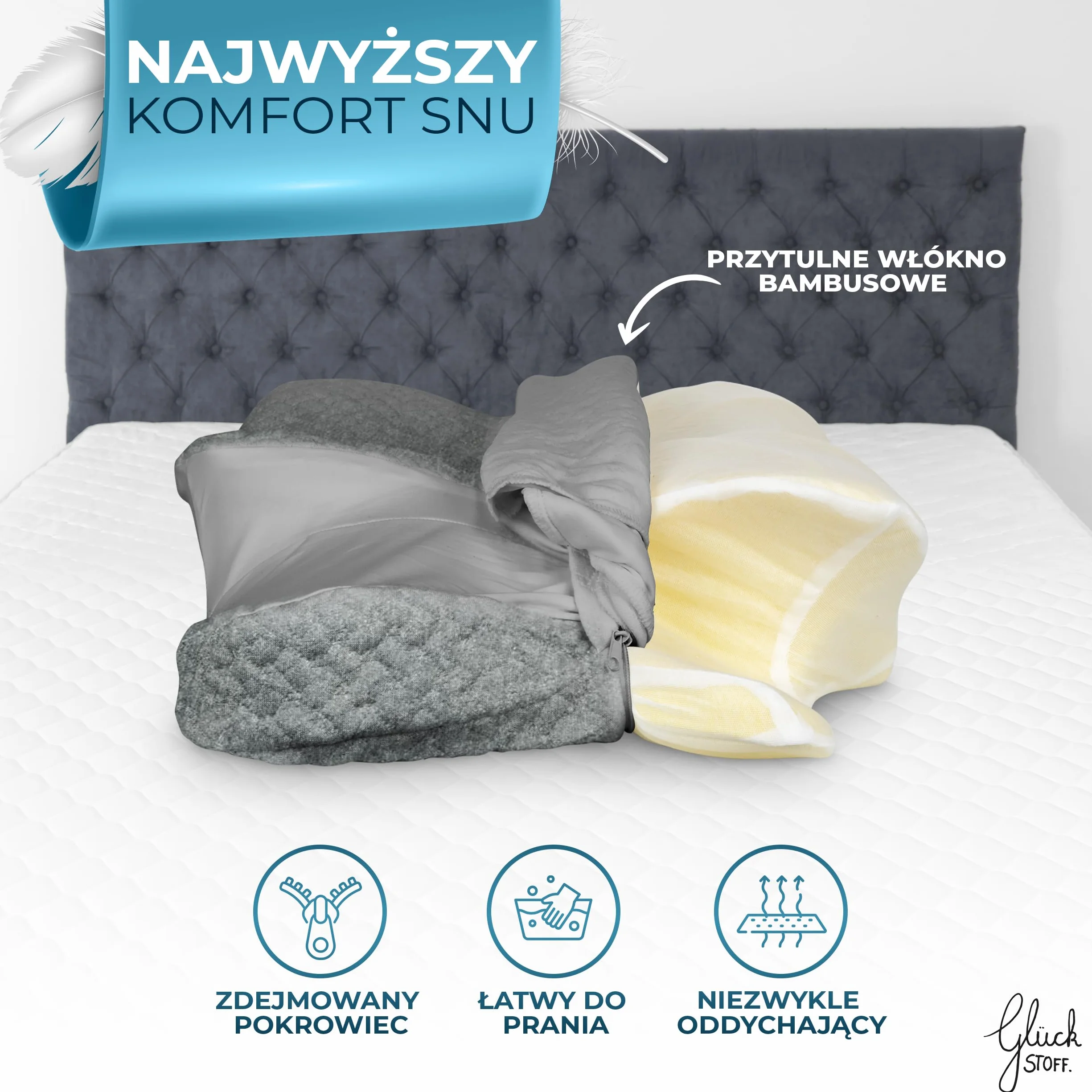 GLÜCKSTOFF® Poszewka na poduszkę ergonomiczną [Z EFEKTEM CHŁODZENIA I CIEPŁA] z włókien bambusowych i spandeksu | Miękka i Przytulna | Poszewka Zapasowa | Szary | Wersja: Ergo