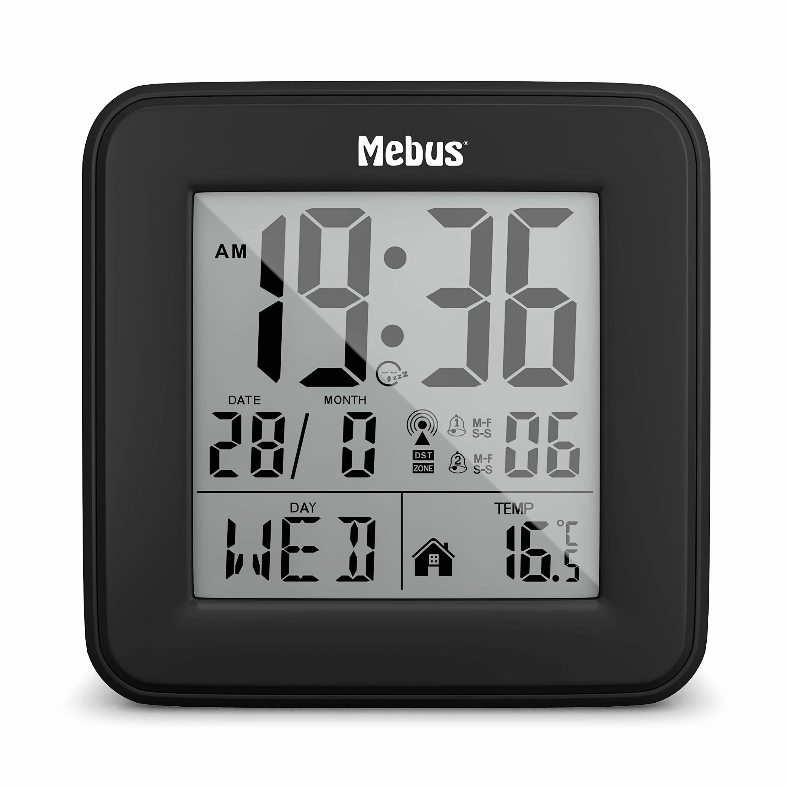 MEBUS Digitaler Funk-Wecker mit Thermometer Beleuchtung Kalender Schwarz Modell 25595