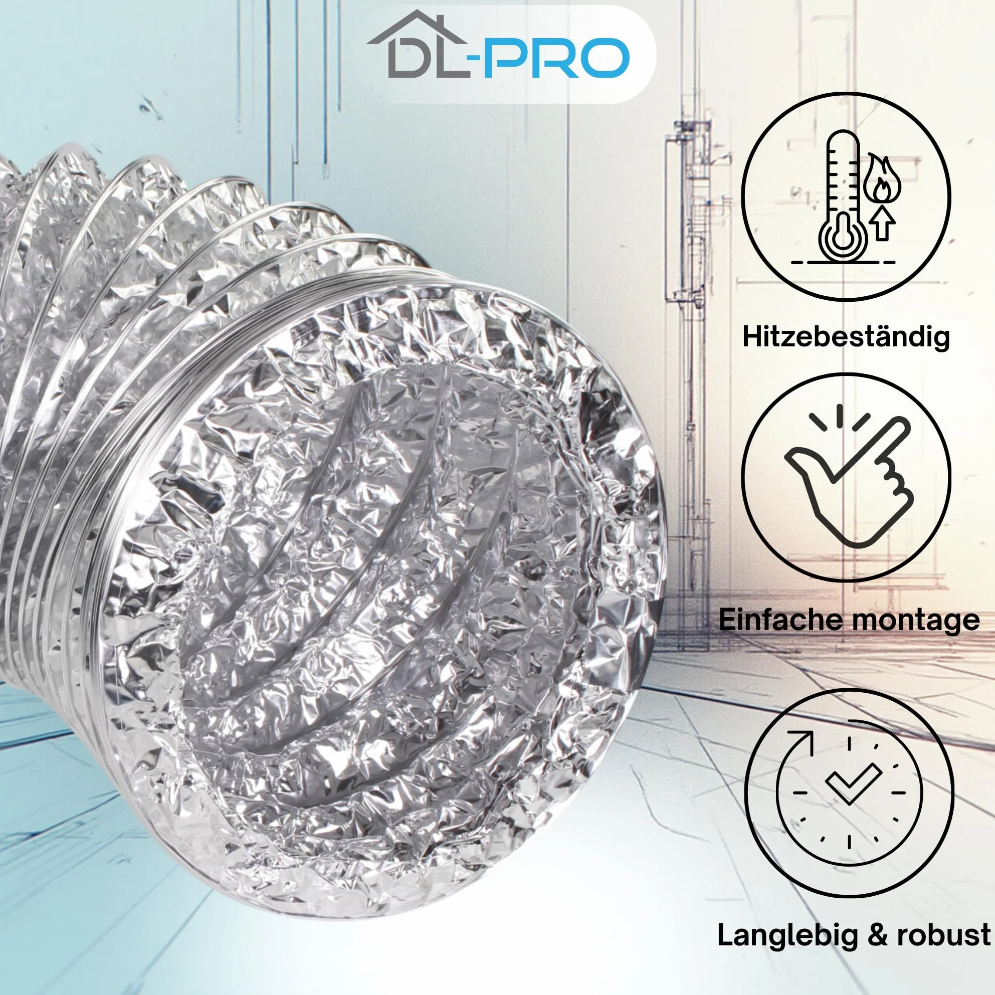 DL-pro Aluminiowy wąż powietrza wylotowego 1,5 m Ø 150/152 mm wentylacyjny do klimatyzacji z zaciskami W4